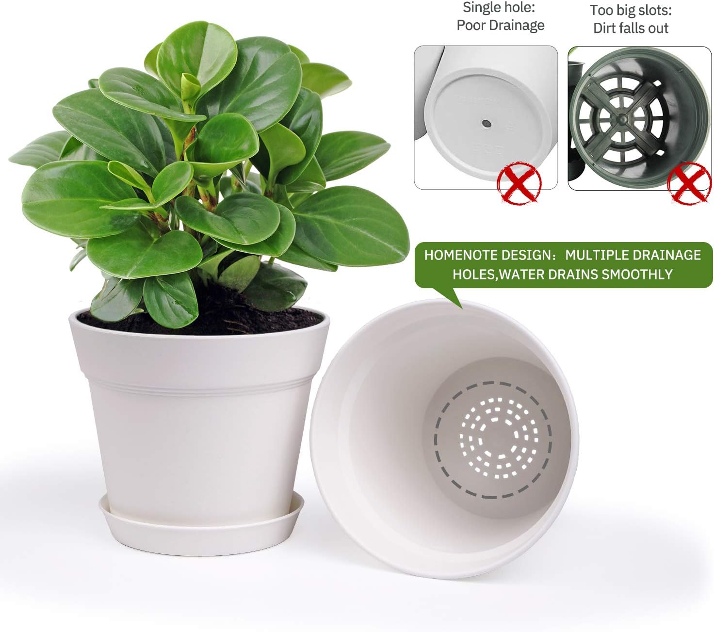 homenote 7.5 Inch Plastic Flower Pots with Drainage Holes and Trays (8 Pcs)