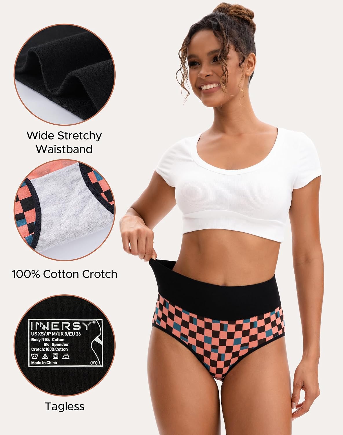 INNERSY Women's High Waisted Underwear Cotton Panties Regular & Plus Size 5-Pack