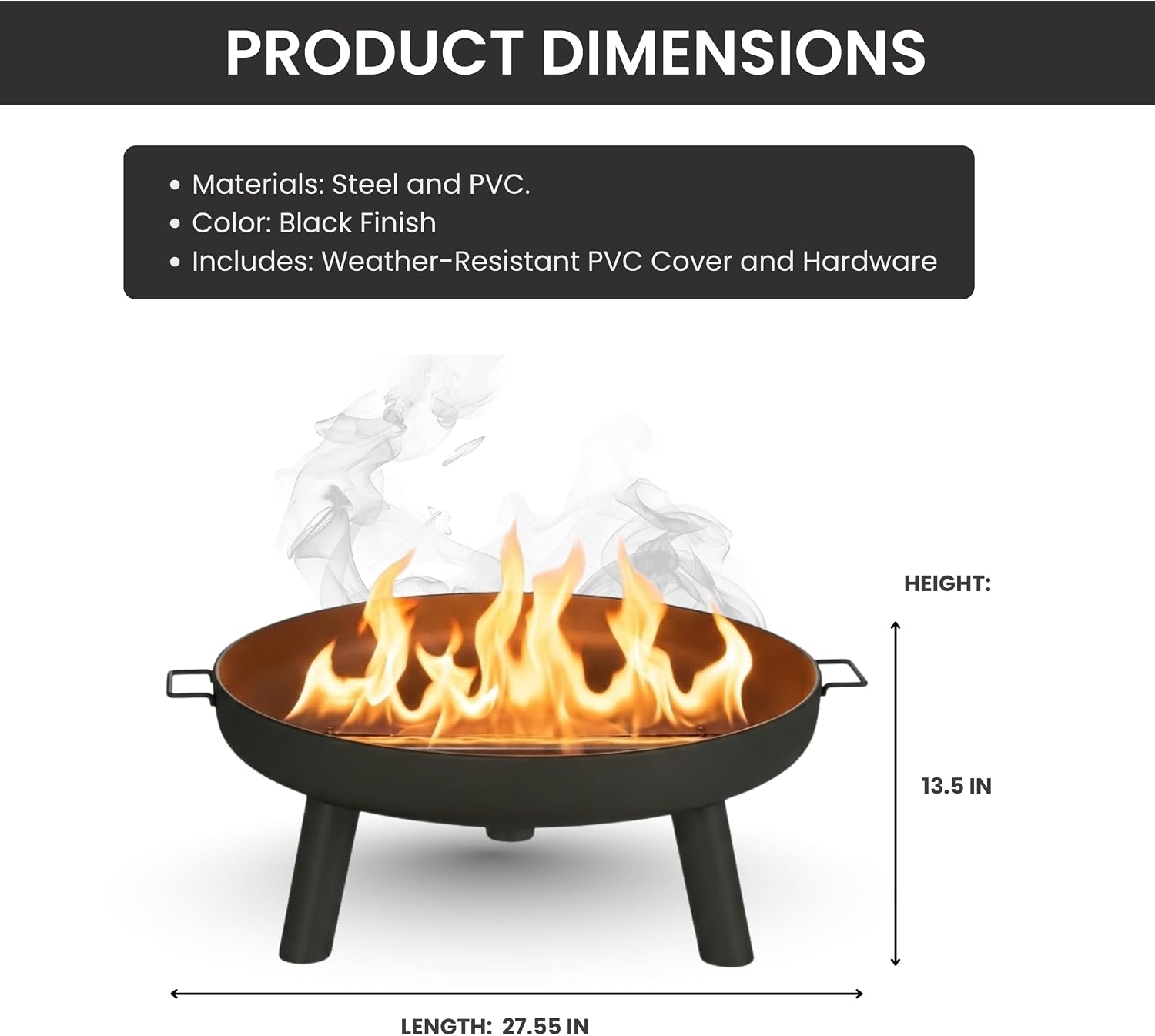 Pure Garden Outdoor Fire Pit, Black, 27.5-Inch
