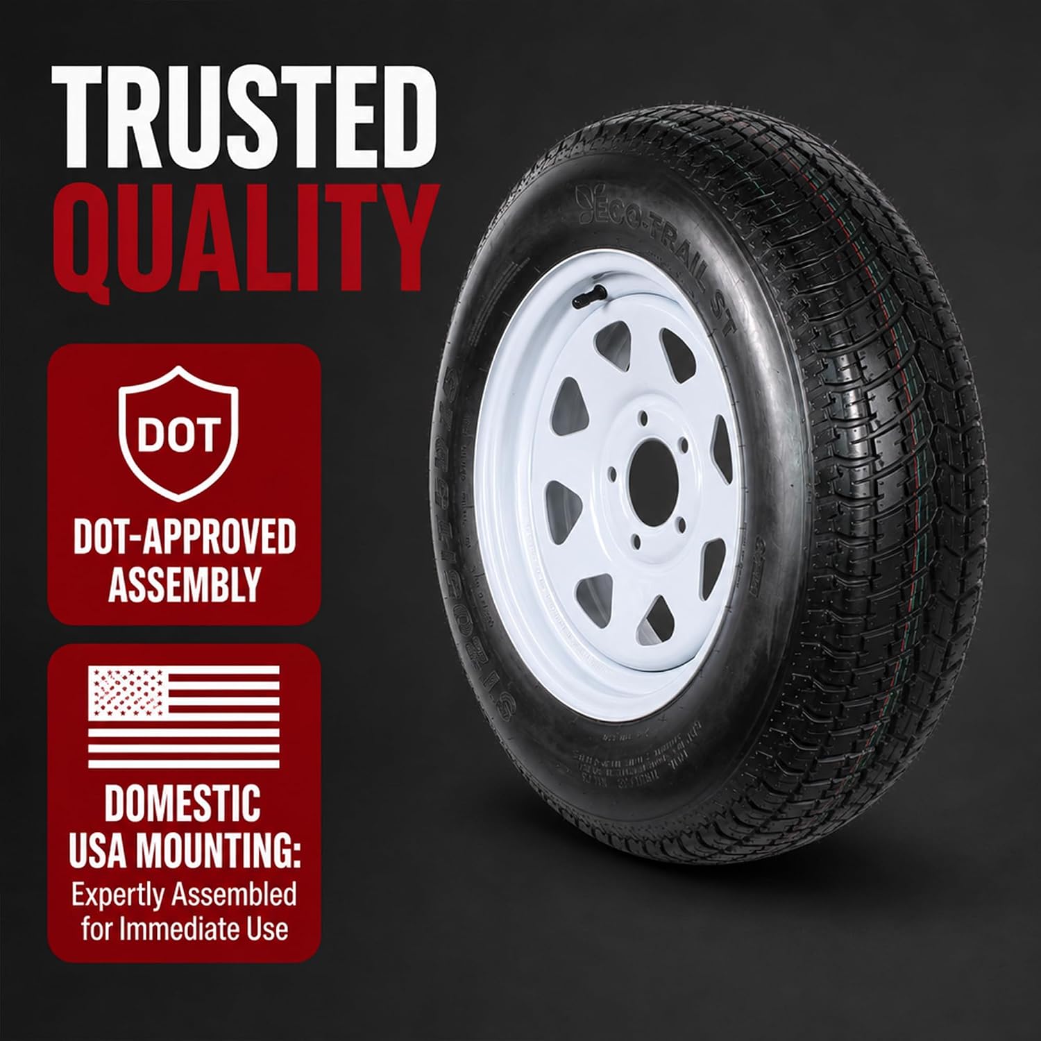 eCustomrim 2-Pack Trailer Tire Rim Assembly ST205/75D15 15 Inch 5 Lug White | Load Range C 6 Ply F78-15 Tire, 5 Bolt On 4.5 Inch Center Steel Wheel