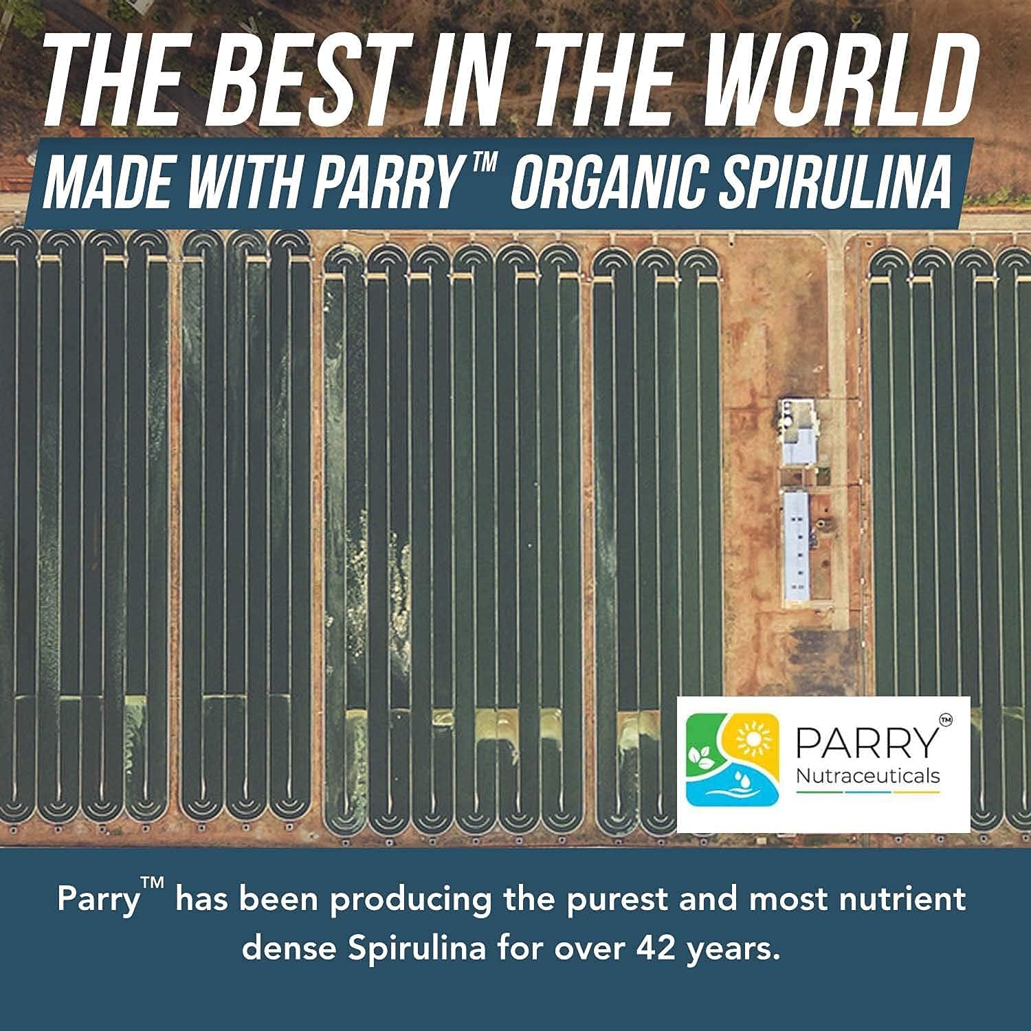 Organic Spirulina Powder – Made with Parry® Spirulina, Known for Superior Purity and Nutrient Density – Vegan Farming – Non-Irradiated – Blue-Green Algae Superfood Supplement – 75 Servings – 8 oz