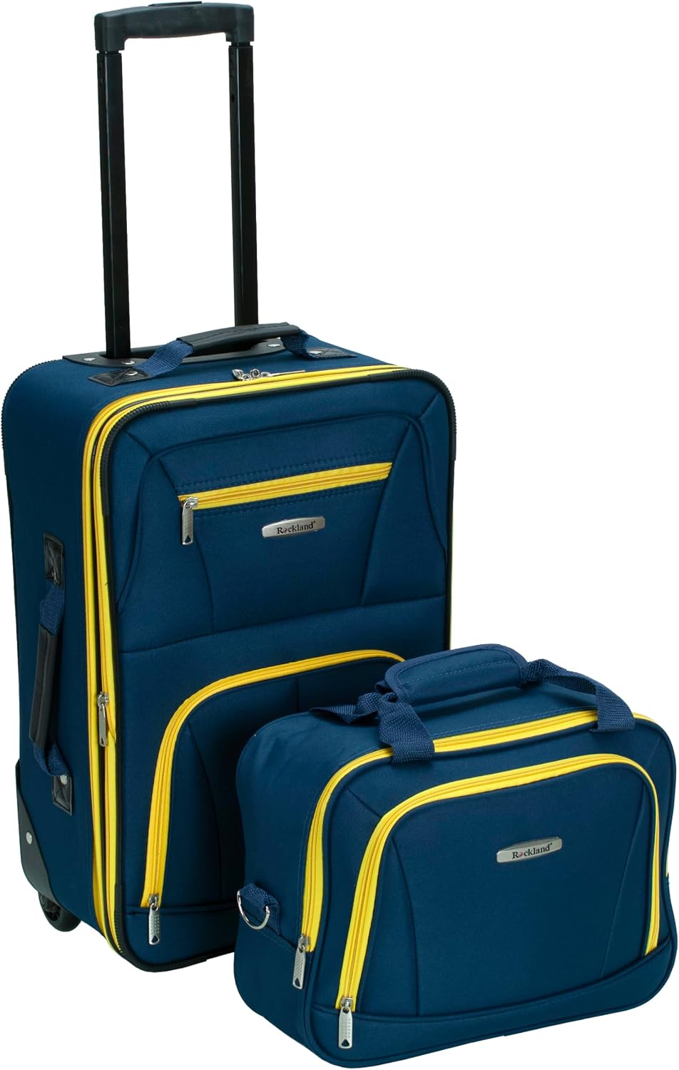 Rockland Fashion Softside Upright Luggage Set,Expandable, Telescopic Handle, Wheel, Black Dot, 2-Piece (14/19)