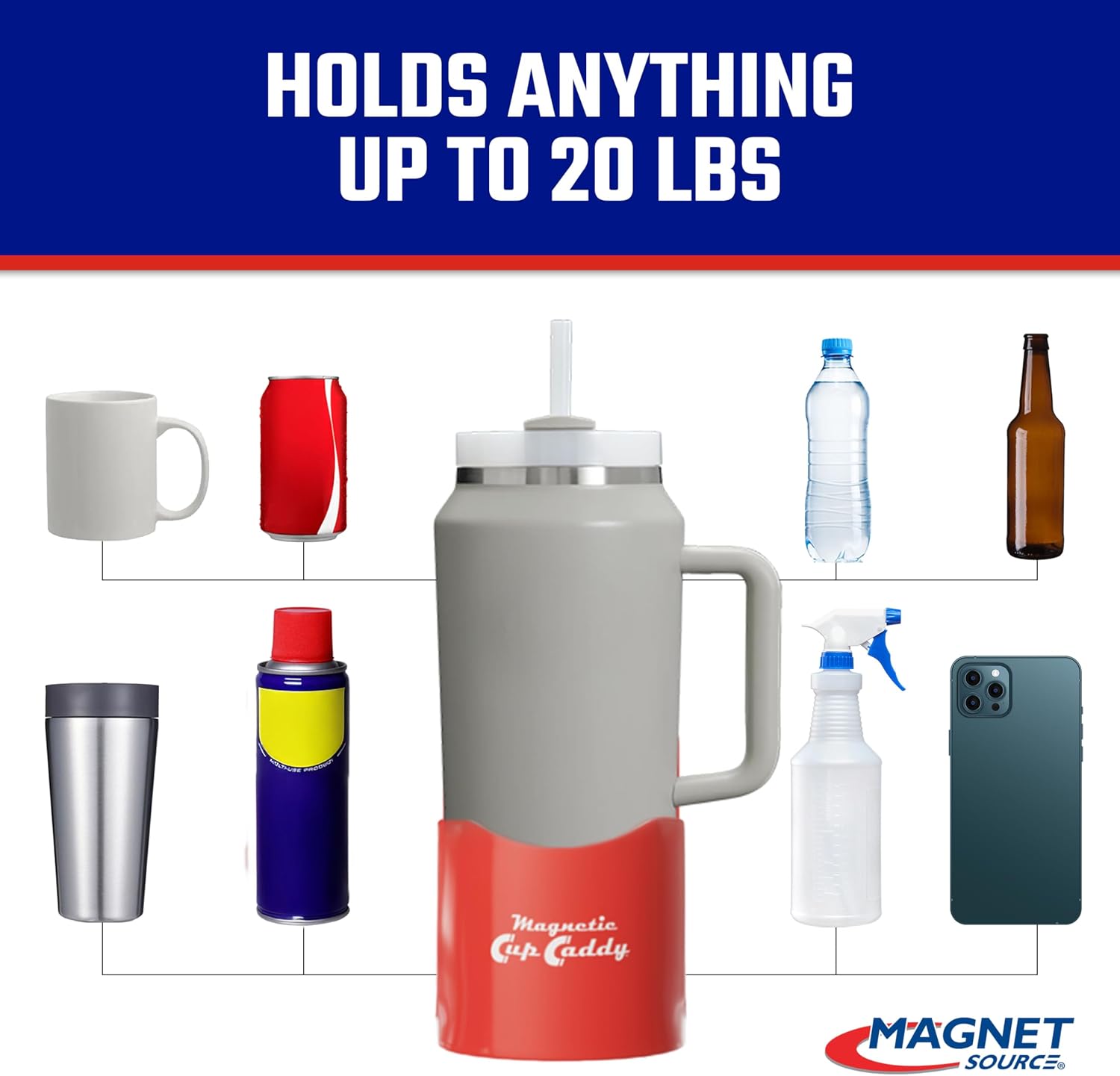 Master Magnetics Magnetic Cup Holder - Caddy for Bottles, Glasses, and Cans - Fits on Fridge, Lawnmower, Forklift, Cart, or Ladder - Heavy-Duty Magnet