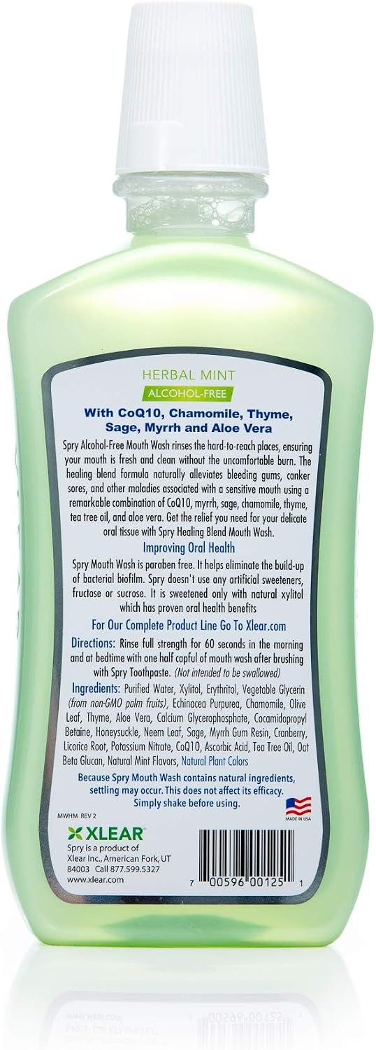 Spry Natural Xylitol Oral Rinse Mouthwash, Spearmint - 16 fl oz (Pack of 1) | Natural, Fluoride Free, Enamel Support, Low Alcohol, Gentle for Sensitive Mouth and Gum, Non-GMO, No Burn