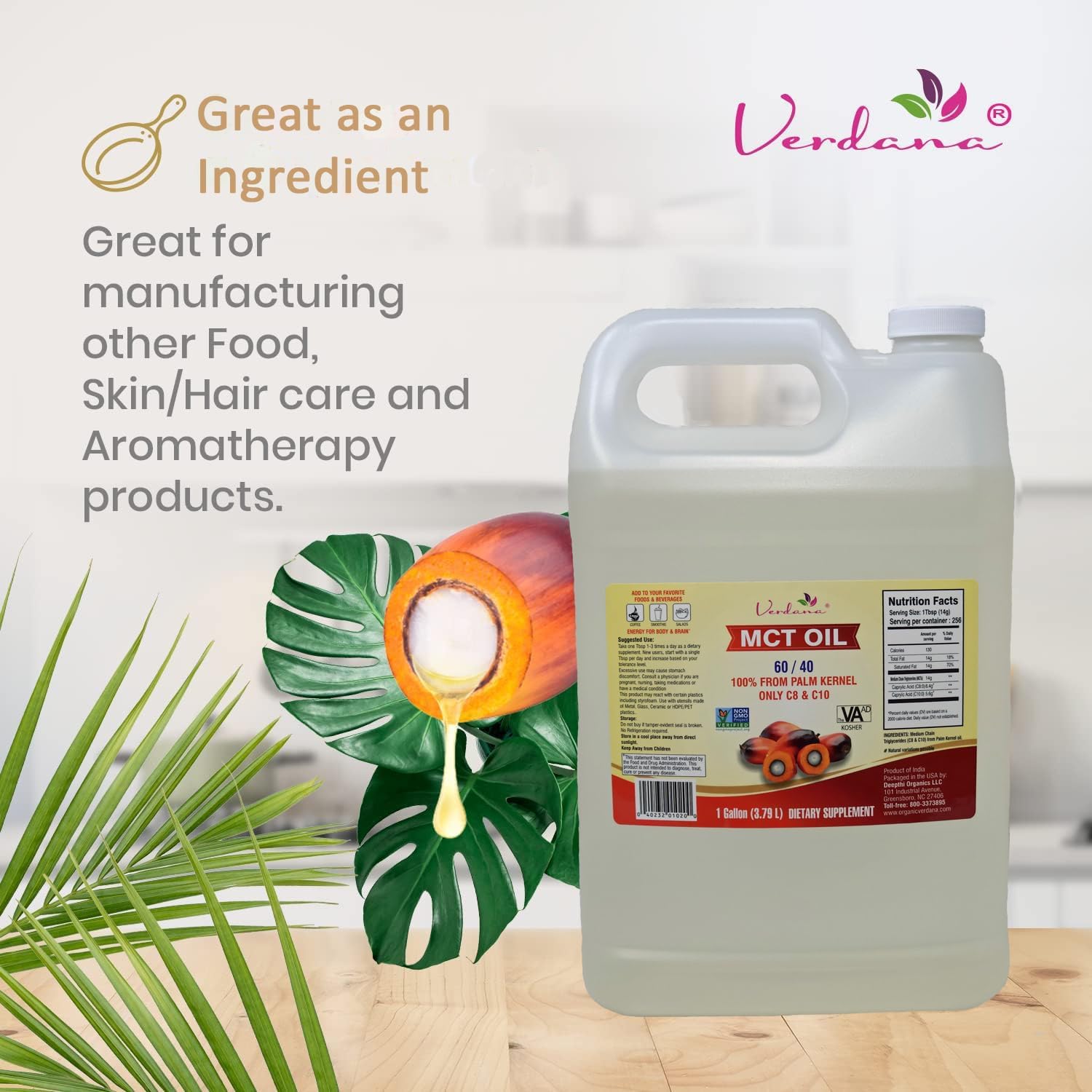 Verdana Food Grade MCT Oil – 1 Gallon (128 Fl Oz) – Premium C8/C10 Triglycerides – Keto & Paleo Friendly – Non-GMO