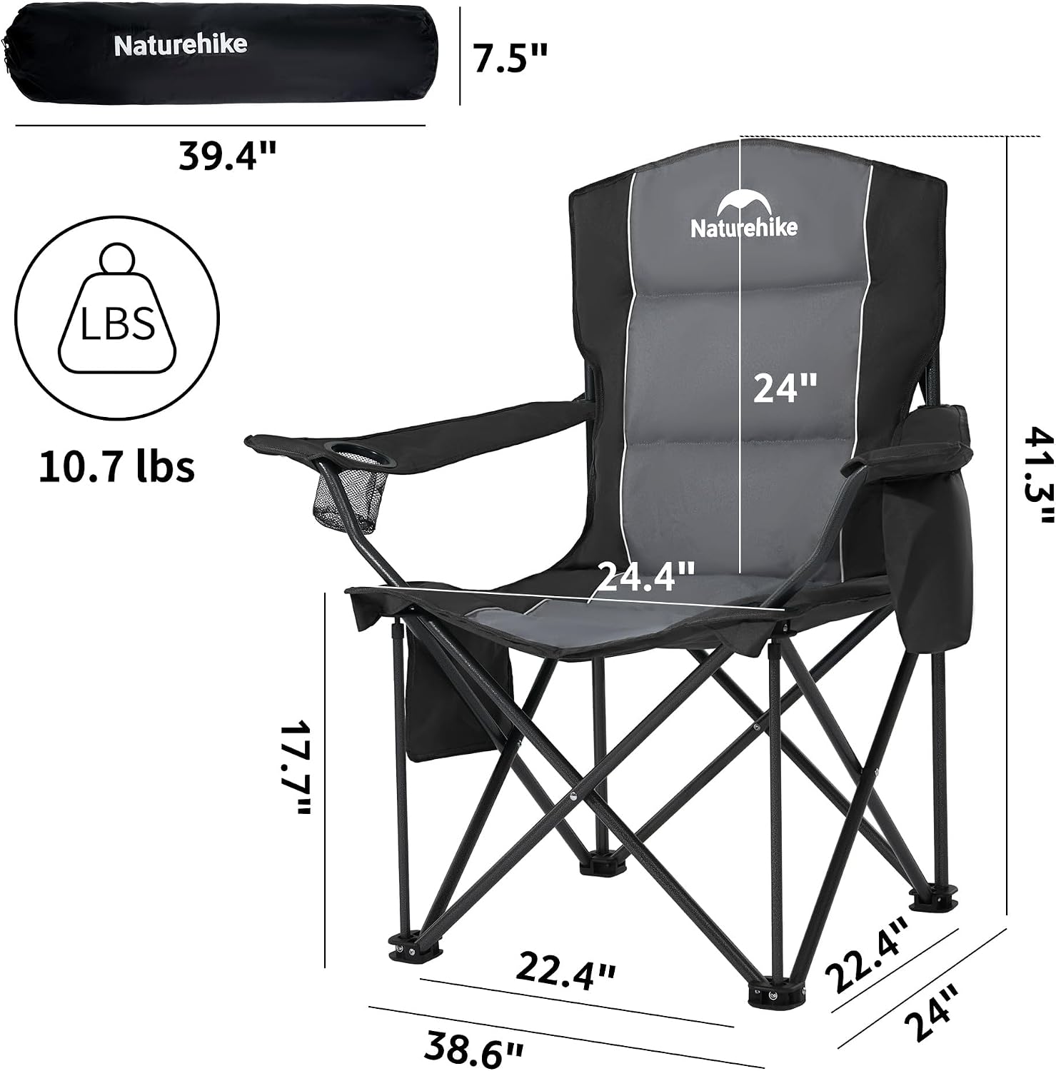 Naturehike Oversized Camping Chair with Cooler Bag, Heavy Duty Lawn Chair Support 450 LBS, Portable Padded Outdoor Folding Chair, 2 Pack