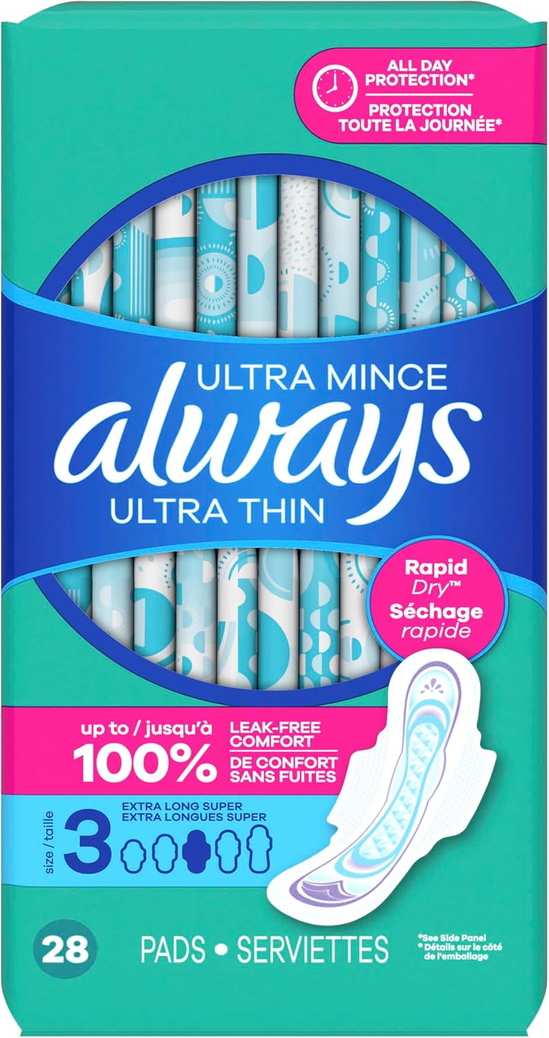 Always Ultra Thin Feminine Pads with Wings for Women, Size 3, Extra Long Super Absorbency, Unscented, Up to 100% Leak-Free Protection, 84 Count Total