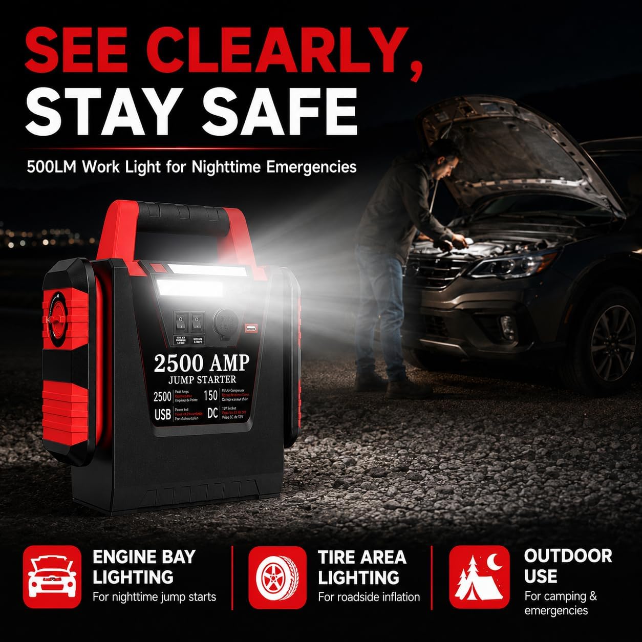 2500A Peak Car Jump Starter with 150PSI Air Compressor, 12V Battery Jump Box for Car, Truck, SUV (Up to 8.0L Gas/Diesel Engines)