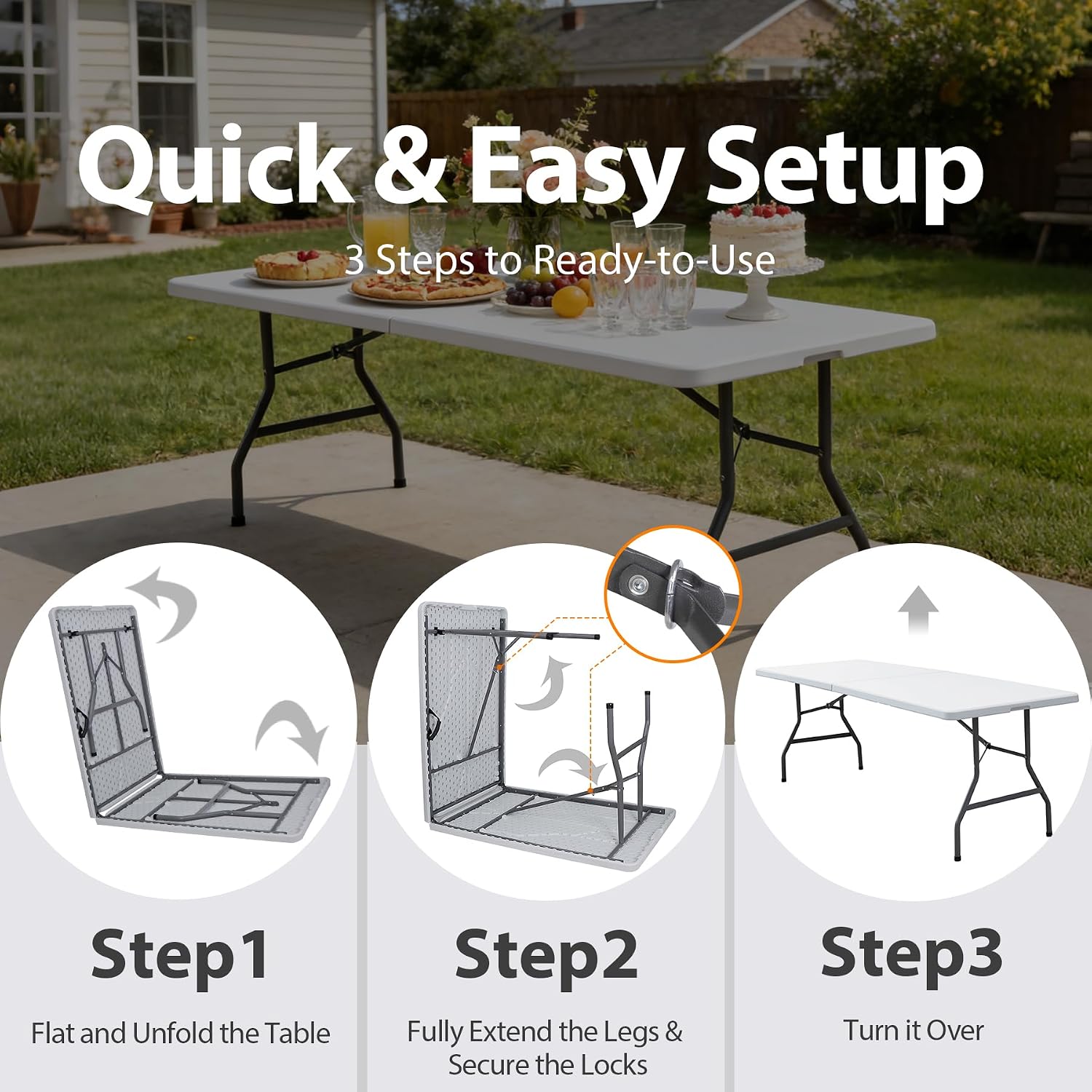 ZENY 6ft Folding Table, Portable Picnic Table, Plastic Table for Indoor Outdoor Picnic, Party, Camping, Heavy Duty Fold-up Table with Handle, White