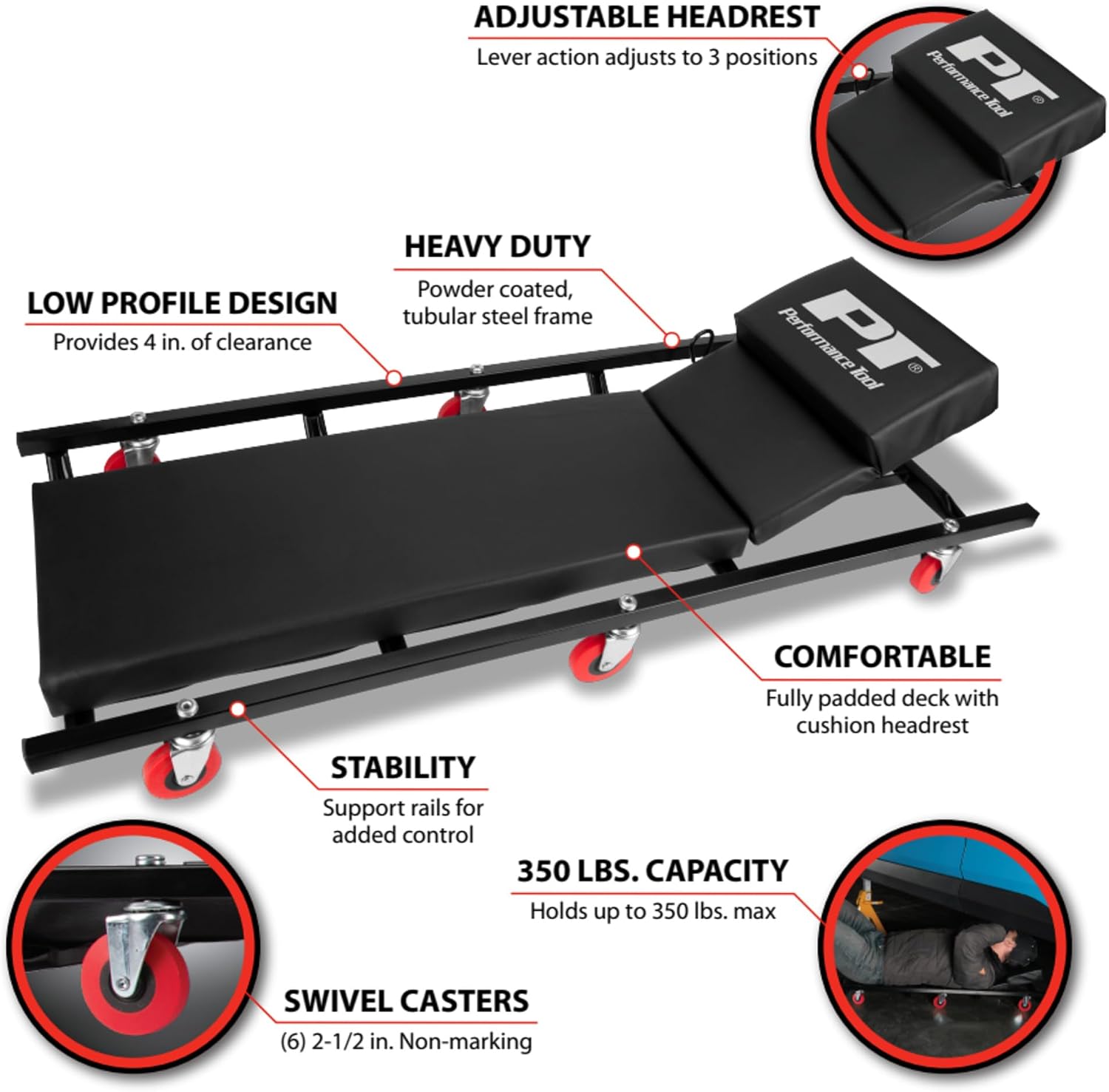 Performance Tool W85005 40 in. 6-Caster Rolling Shop Creeper | Automotive mechanics creeper with adjustable headrest. Heavy duty steel frame. Padded