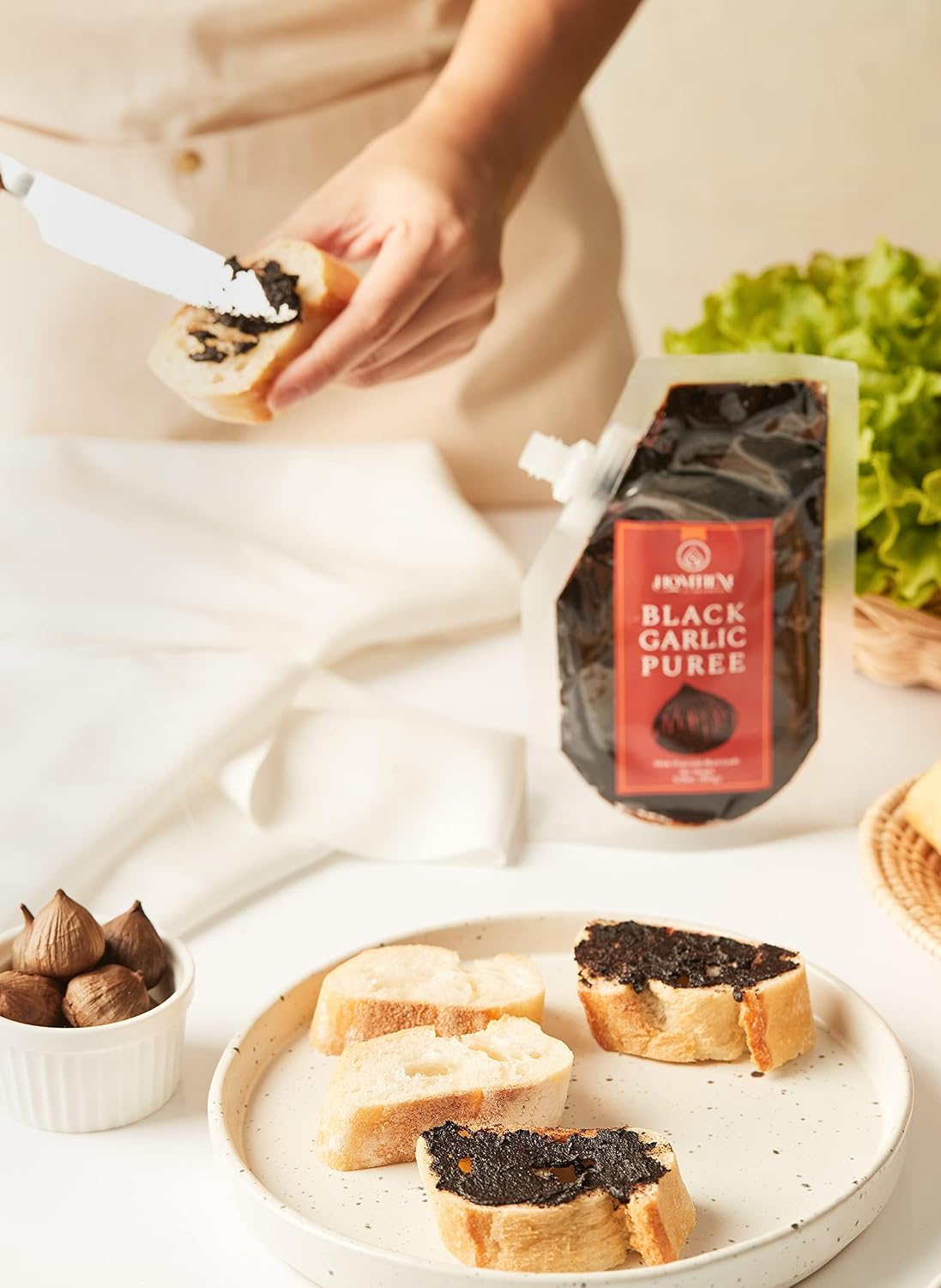 Homtiem Black Garlic Puree 150g. (Made from Solo Black Garlic 100%), Whole Black Garlic Fermented for 90 Days, Non-GMOs, High in Antioxidants