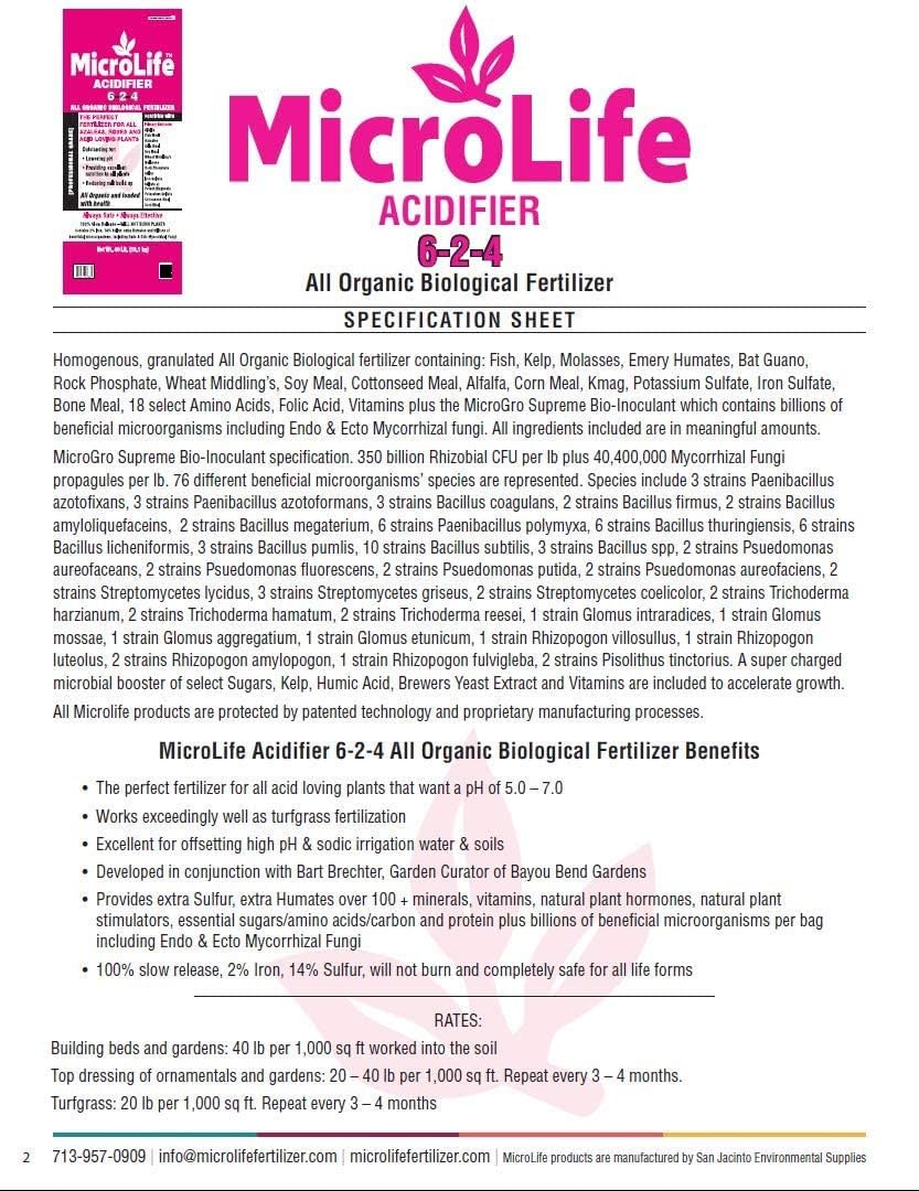 MicroLife Acidifier (6-2-4) Professional Grade Granular Organic Fertilizer (for Acid Loving Plants) Roses Blueberries Azaleas Camellias, 7 LBS