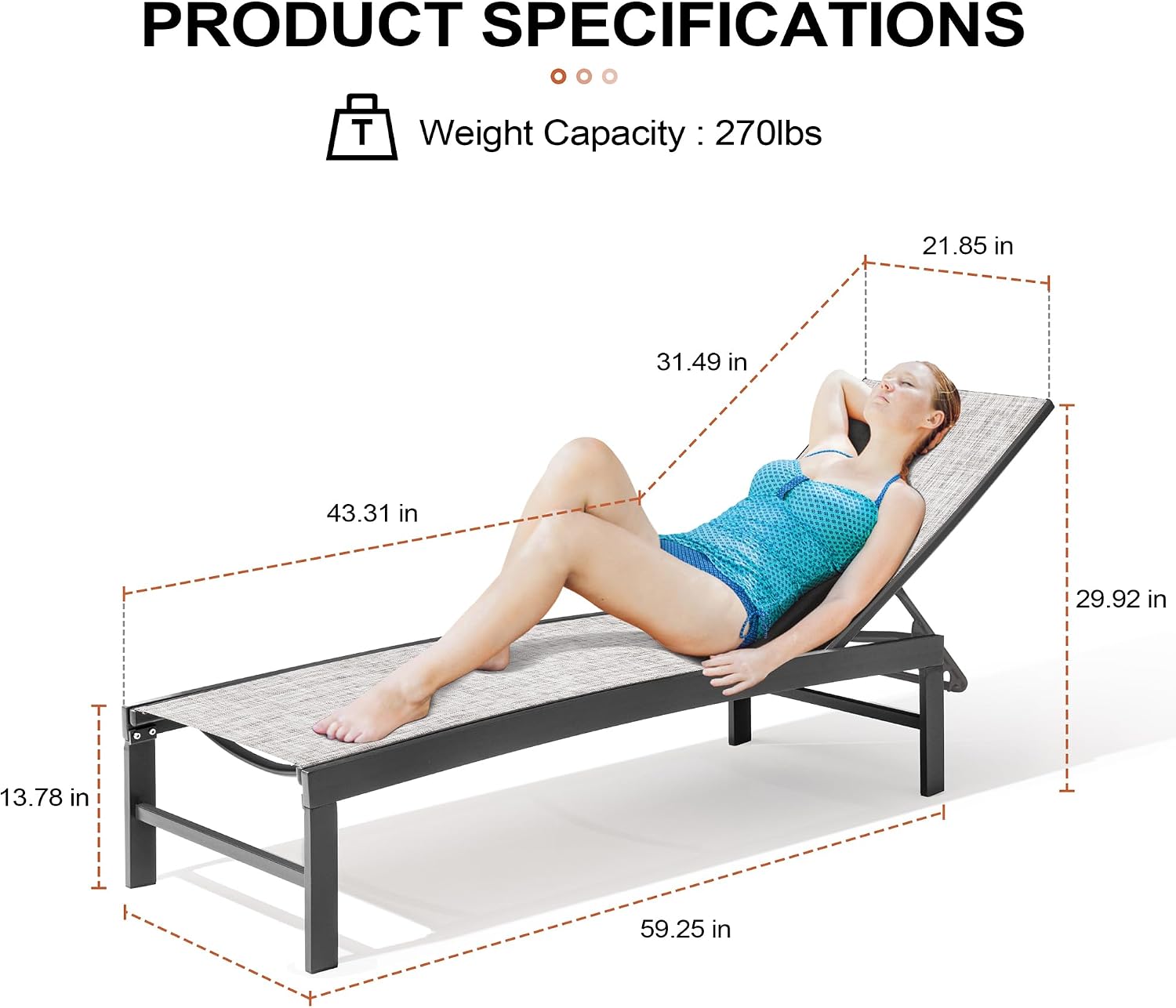 Crestlive Products Outdoor Pool Lounge Chairs Set of 2 with Side Table, Adjustable Five-Position Recliner for Beach, Pool, Sunbathing, Lawn