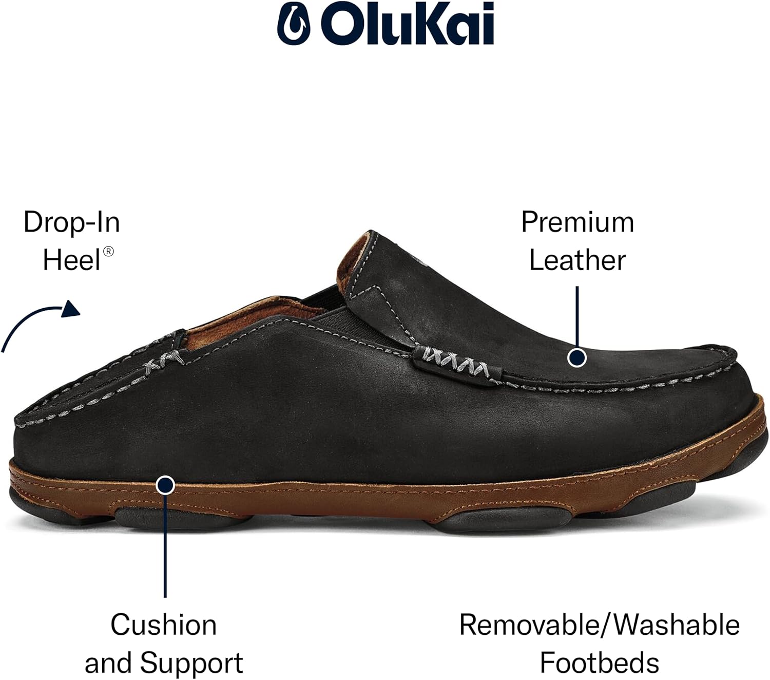OluKai Moloa Men's Premium Leather Shoes, Easy Slip On & Off Design | Casual & Versatile Loafer, Drop-in Heel & Enhanced Traction