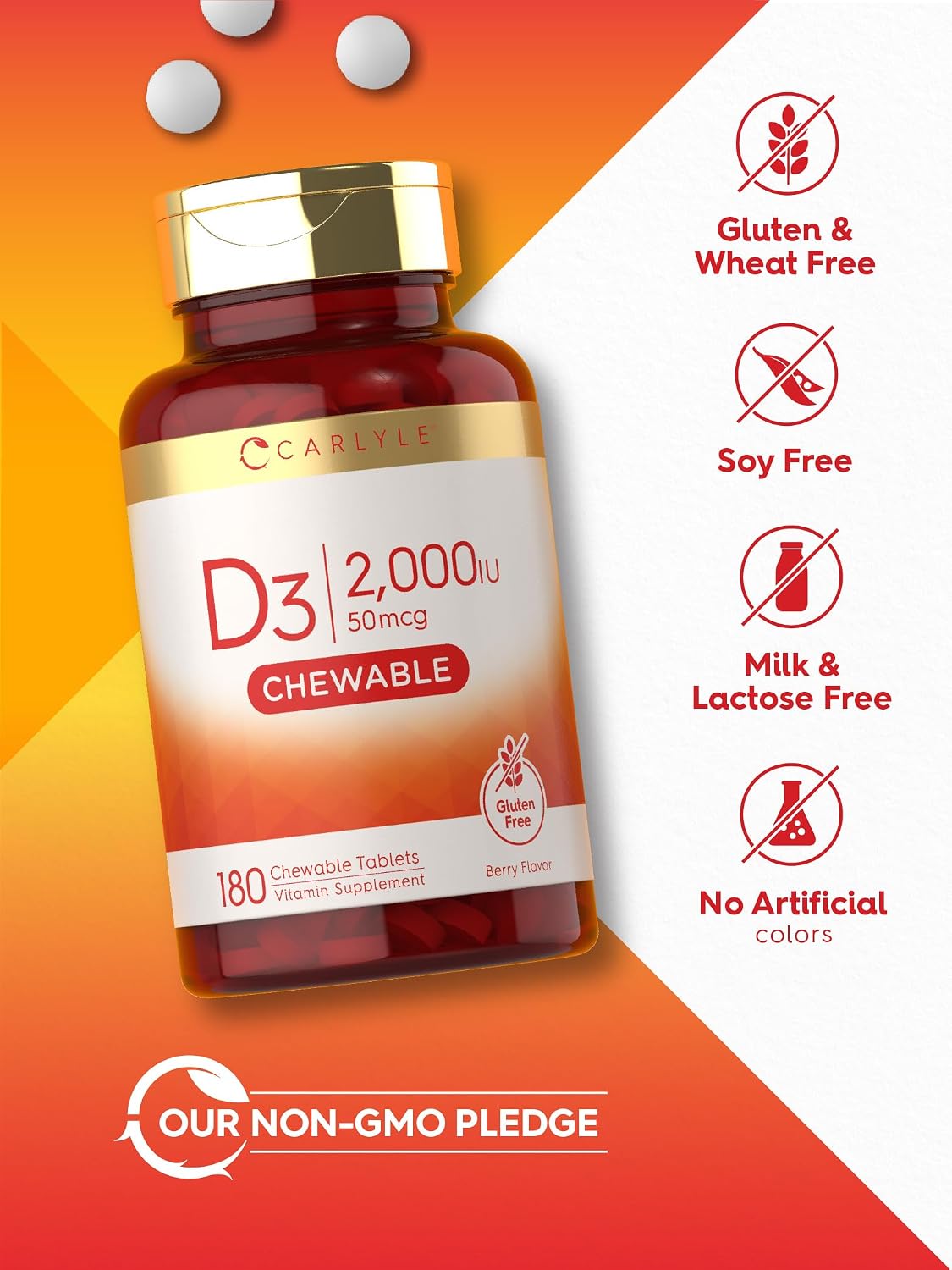 Carlyle Chewable Vitamin D3 2000 IU (50mcg) | 180 Chewable Tablets | Berry Flavor | Vegetarian, Non-GMO and Gluten Free Supplement
