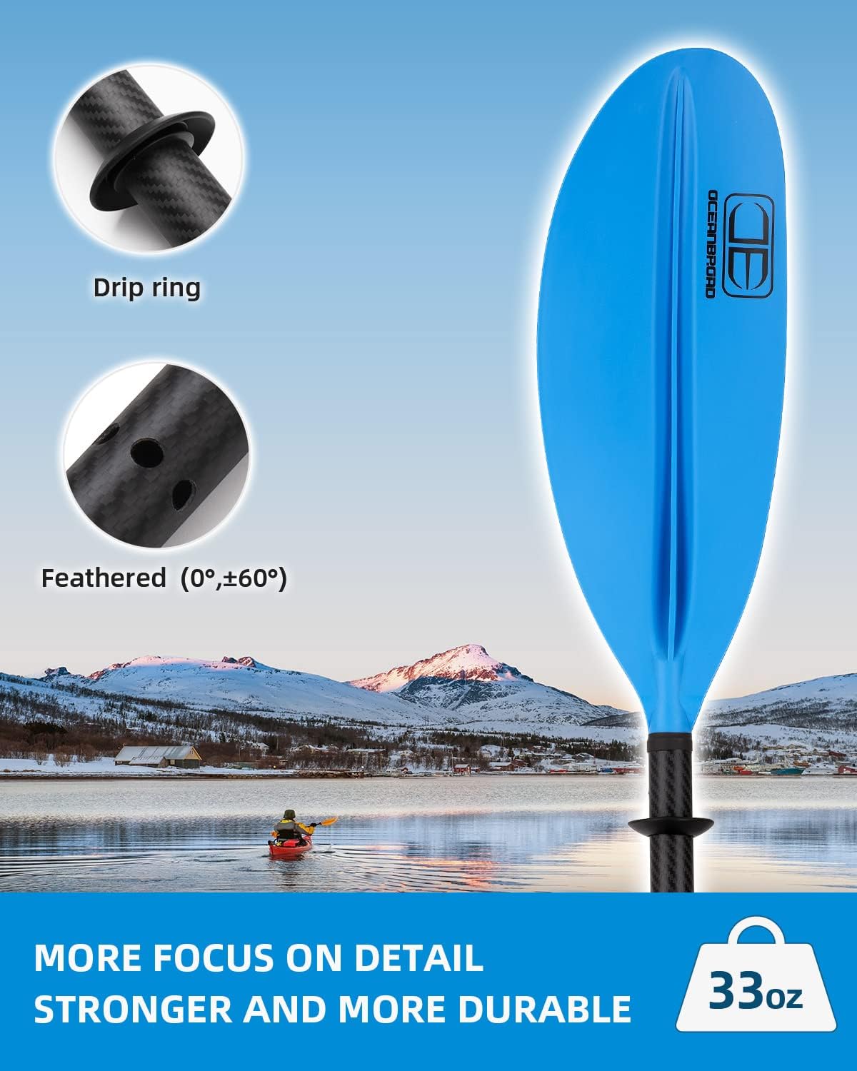 OCEANBROAD Carbon Fiber Kayak Paddle 90.5in/230cm, 86in/218cm for Adults Kayaking Boating Canoeing Oar with Paddle Leash