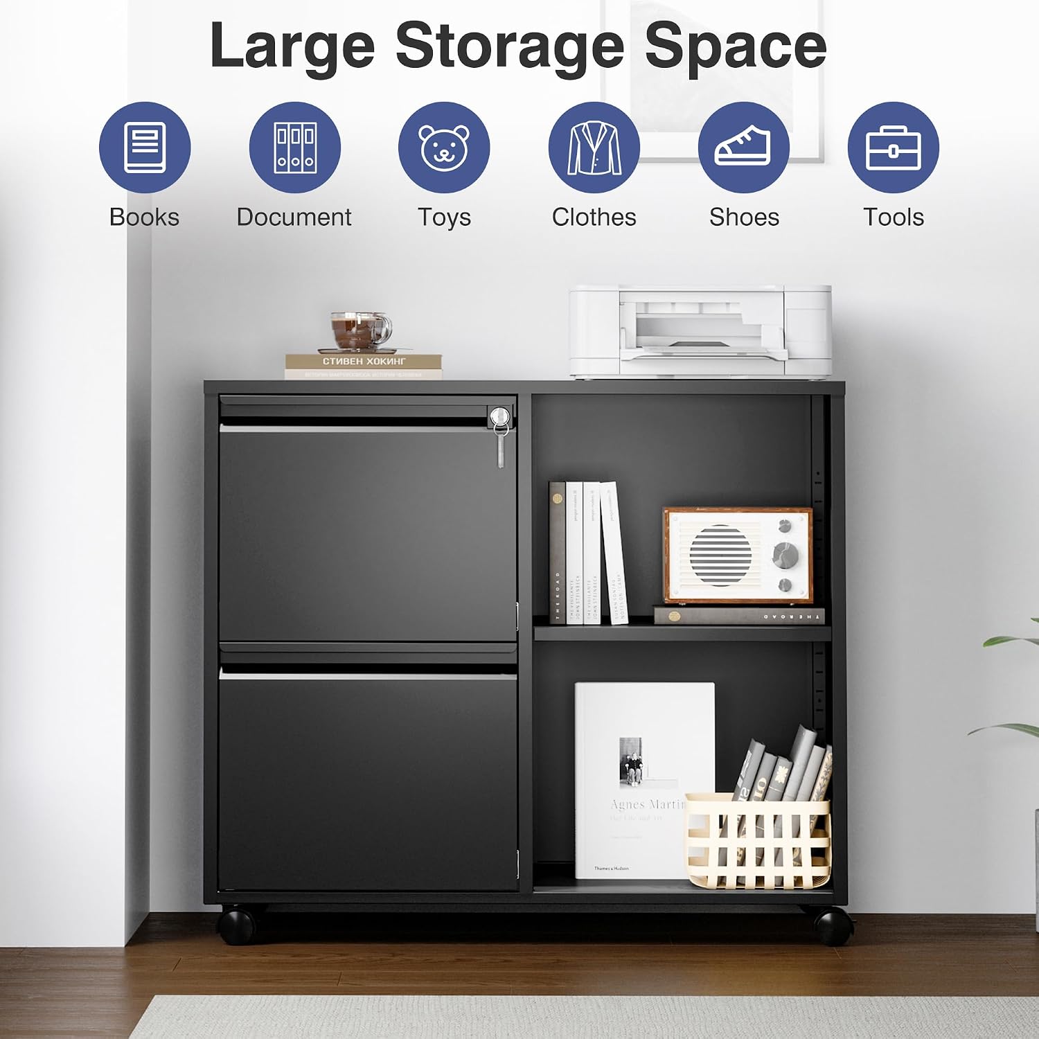 3 Drawer File Cabinet with Lock,Mobile Lateral Filing Cabinet with Side Hook for Letters/Legal/A4, Metal Printer Stand Storage Cabinets with Shelves for Home Office(Black)