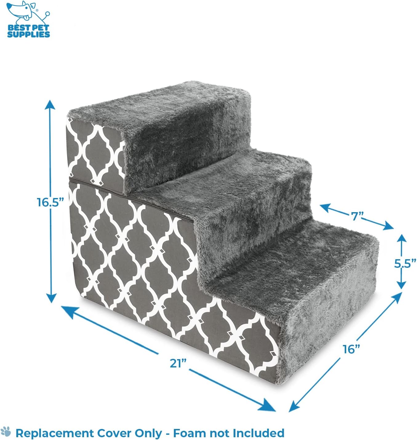 Best Pet Supplies Non-Slip Foam Dog Stair & Pet Ramp, Balanced Indoor Step Support - Foldable Stair, Ash Gray Linen,3-Step