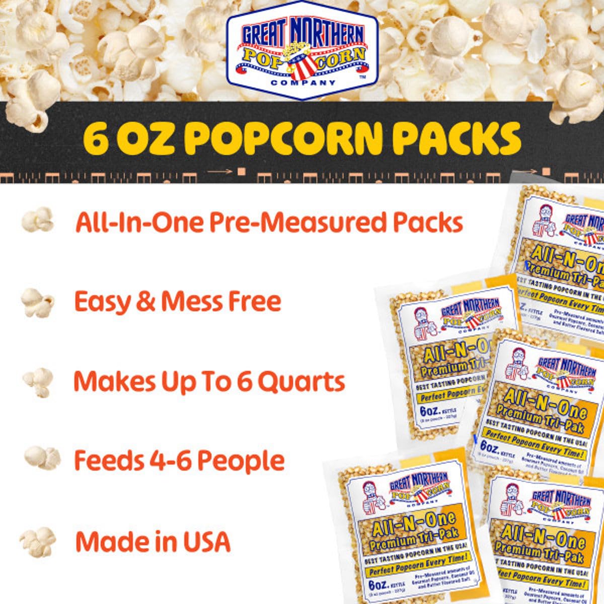Movie Theater Style 40-Count Popcorn Packs - Pre-Measured 8-Ounce All-in-One Kernel, Salt, Oil Packets for Popping Machines by Great Northern Popcorn | All-in-One Pre-Measured Kernels, Butter Flavored Salt, and Coconut Oil Packets for 8oz Kettle - Movie…