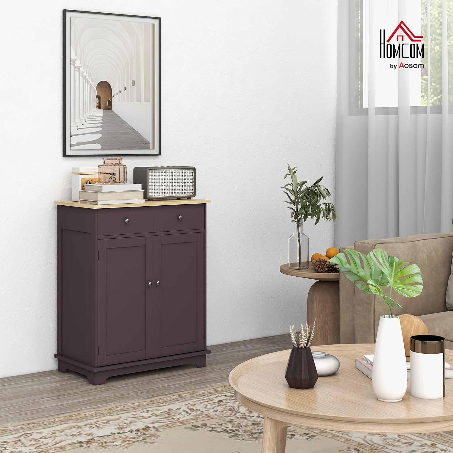 HOMCOM Sideboard Buffet Cabinet Solid Wood Countertop White