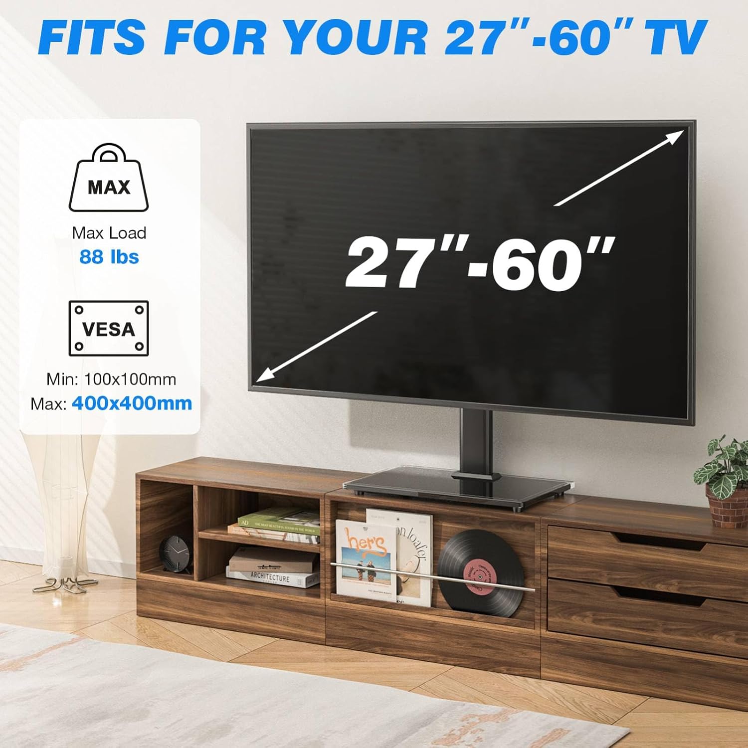 Rfiver Universal TV Stand for 32-75 inch TVs, Support Swivel and Tilt | Height Adjustable, Tempered Glass Base, Holds 110lbs, Max VESA 400x400mm, Ideal for Bedroom & Living Room