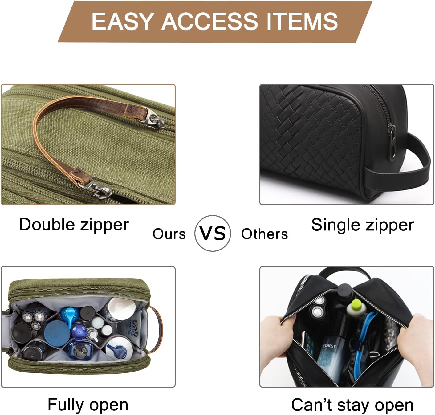 BAGSMART Toiletry Bag for Men, Canvas Travel Toiletry Organizer Dopp Kit Water-resistant Shaving Bag for Toiletries Accessories,Grey-Medium