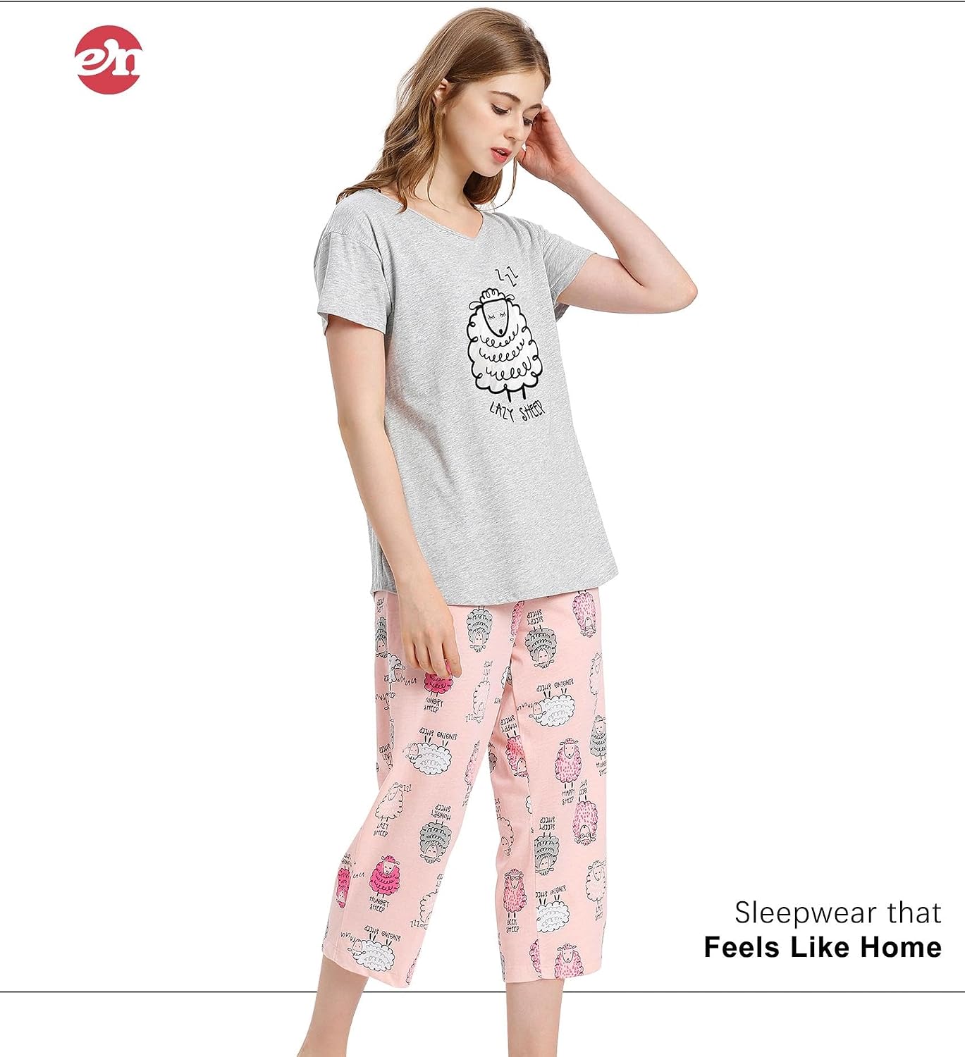 ENJOYNIGHT Womens Pajama Set Cotton Short Sleeve Top With Capri Pants Pj