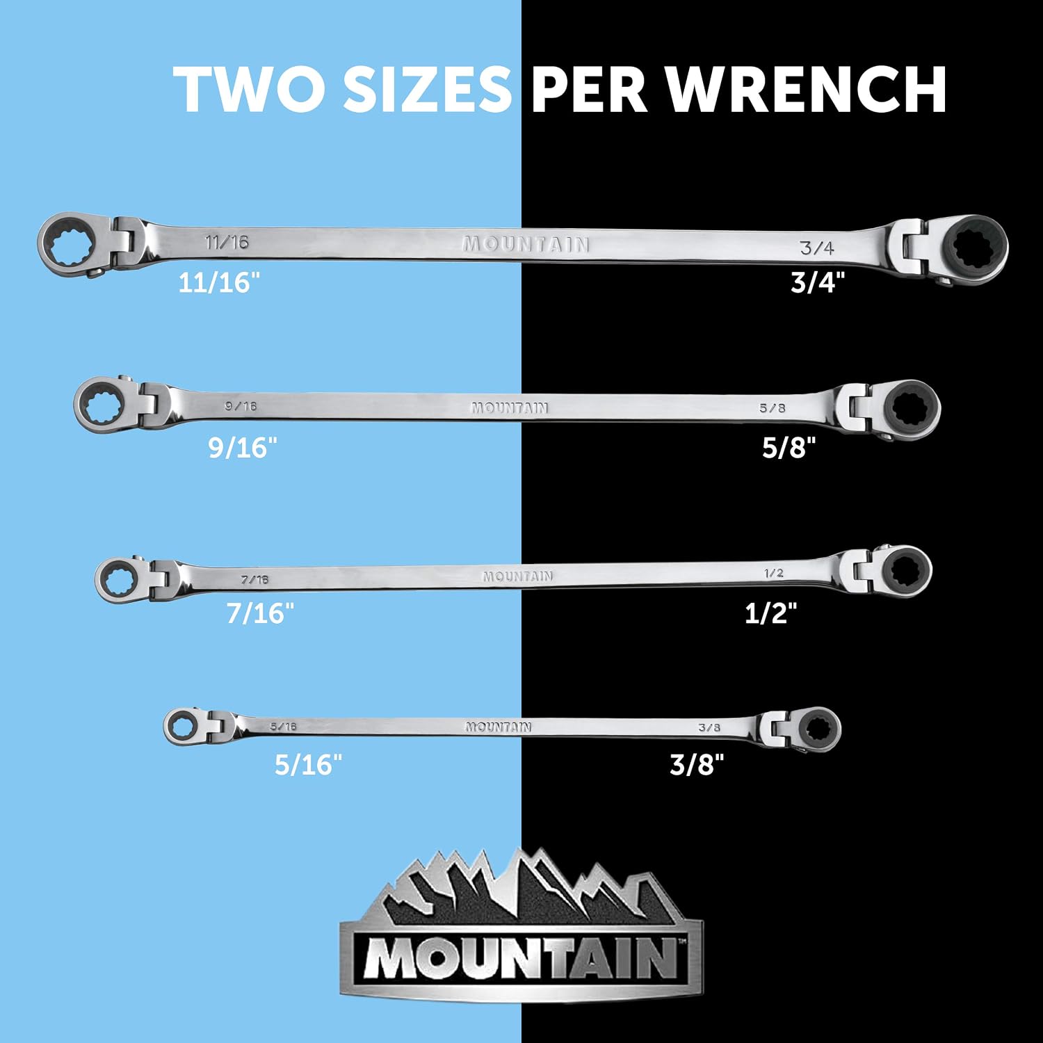Mountain RF7 SAE Reversible Double Raised Box Ratcheting Wrench Set, Universal Spline, 90 Tooth Design, 180 Degree Rotating Head, Sizes 5/16", 3/8"