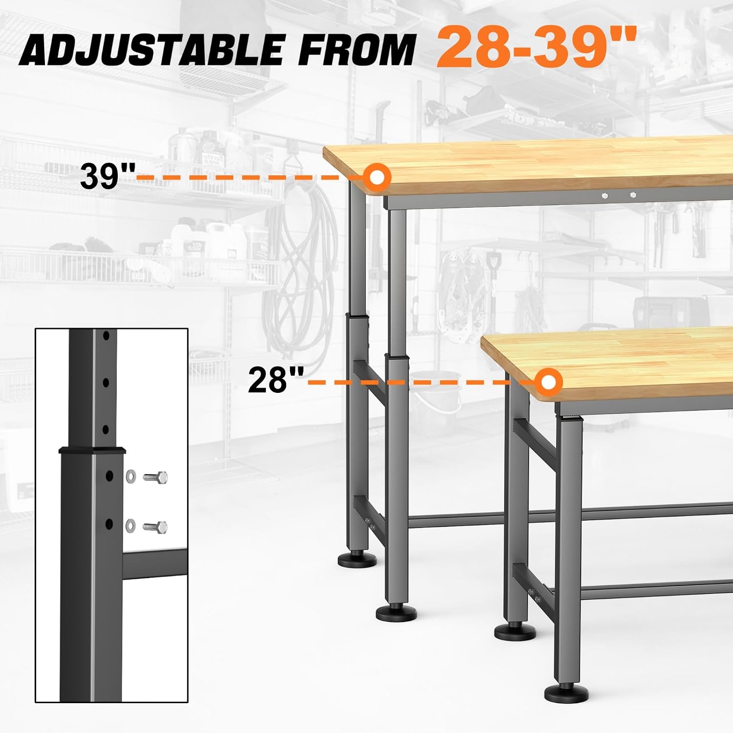TORACK Adjustable Workbench with Rubberwood Top, Rolling 32x18 in Worktable | Height adjustable 28"–38", heavy-duty garage workbench with Wheels, up to 1000 lbs