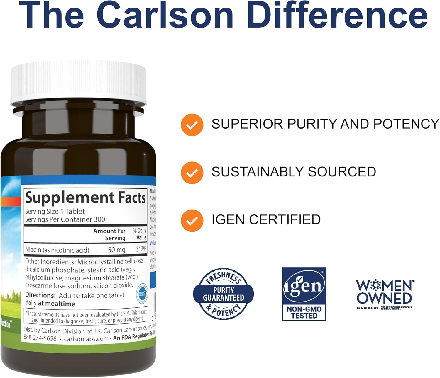 Carlson Niacin, 50 mg, Cholesterol Metabolism, Nerve Function, 300 Tablets | Energy Production