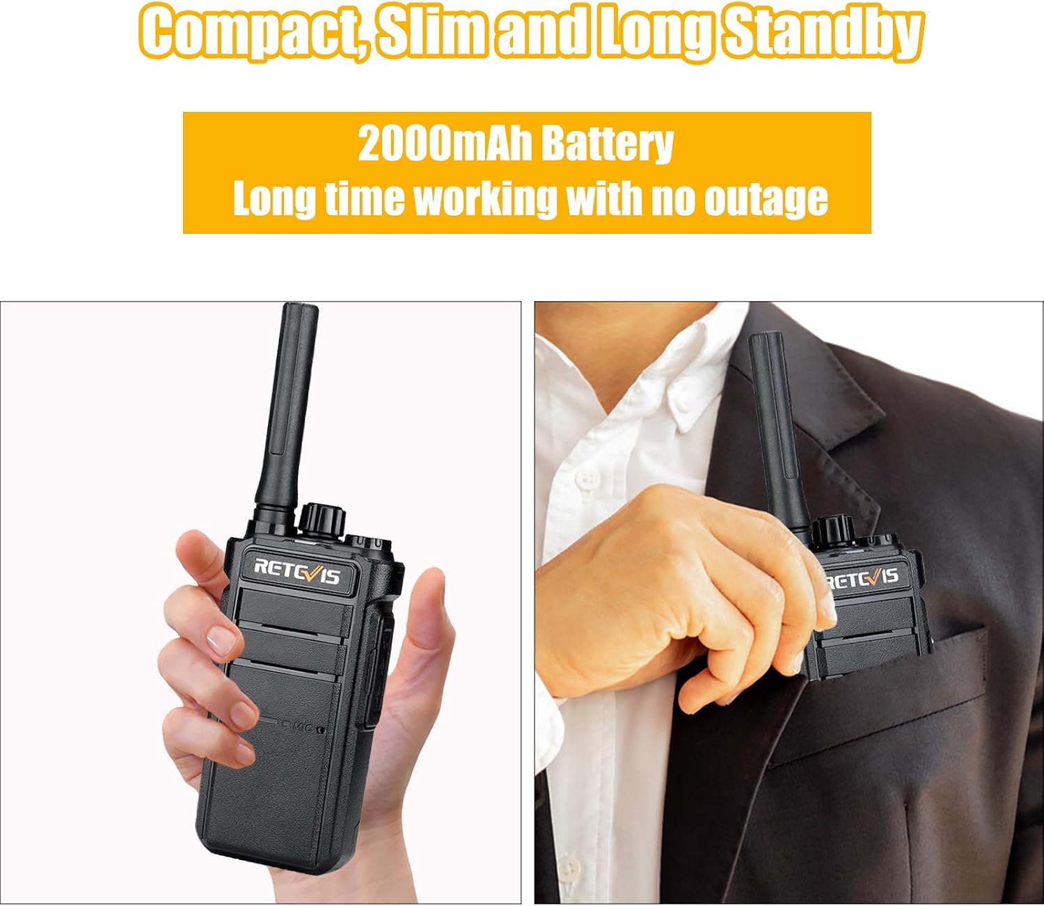 Retevis RB26H GMRS 2 Way Radio Long Range, Business Walkie Talkies, 1 Pack | Professional Two Way Radios, 2000mAh, Hidden Display, Type-C, Built in NOAA Flashlight VOX,GMRS Repeater Capable, for Camping