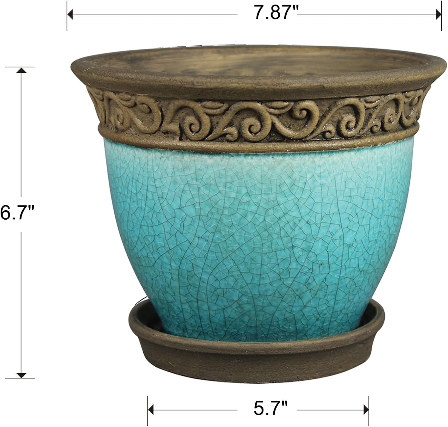 Southern Patio Cadiz 8 Inch Diameter Crackled Glazed Ceramic Indoor Outdoor Garden Planter Pot Urn with Saucer for Flowers, Herbs, and Plants, Teal