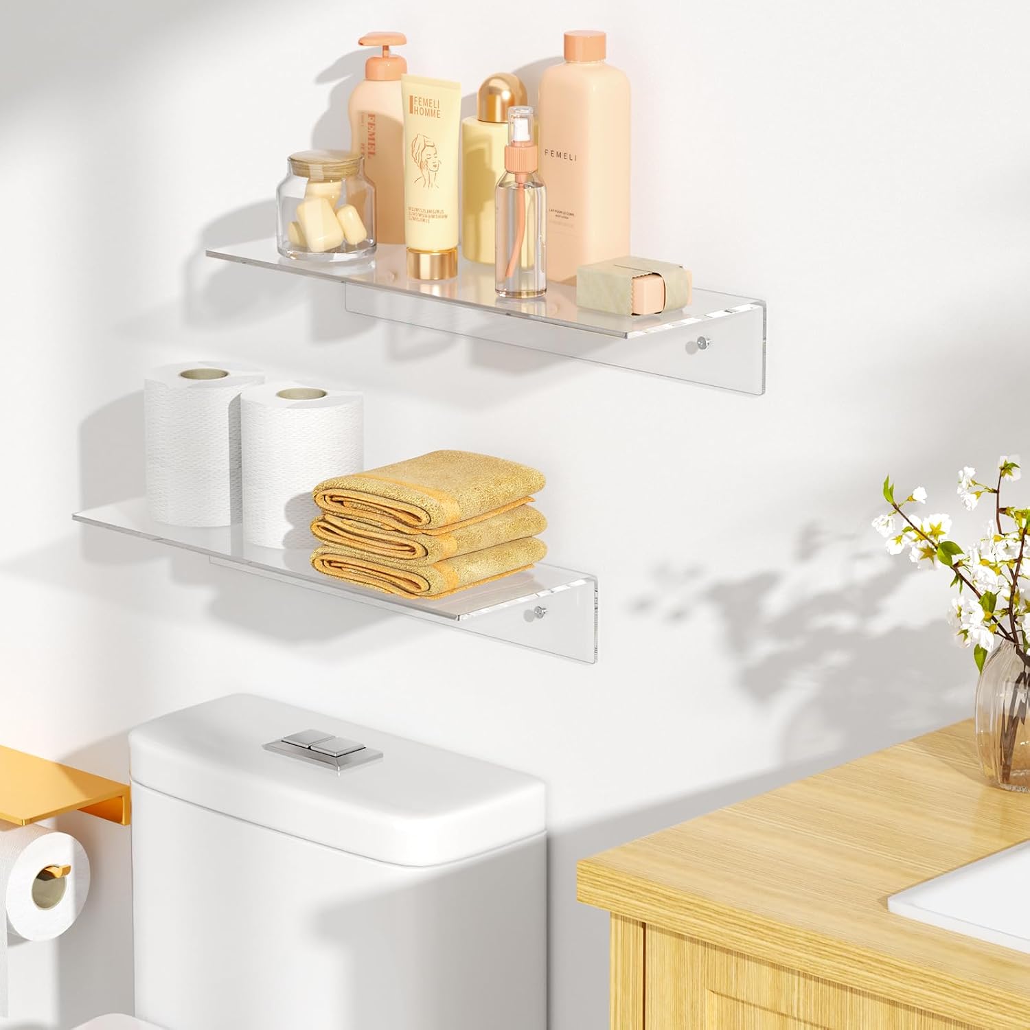 FEMELI 2 PCS 12" Acrylic Floating Shelves, Clear Shelf for Wall Display