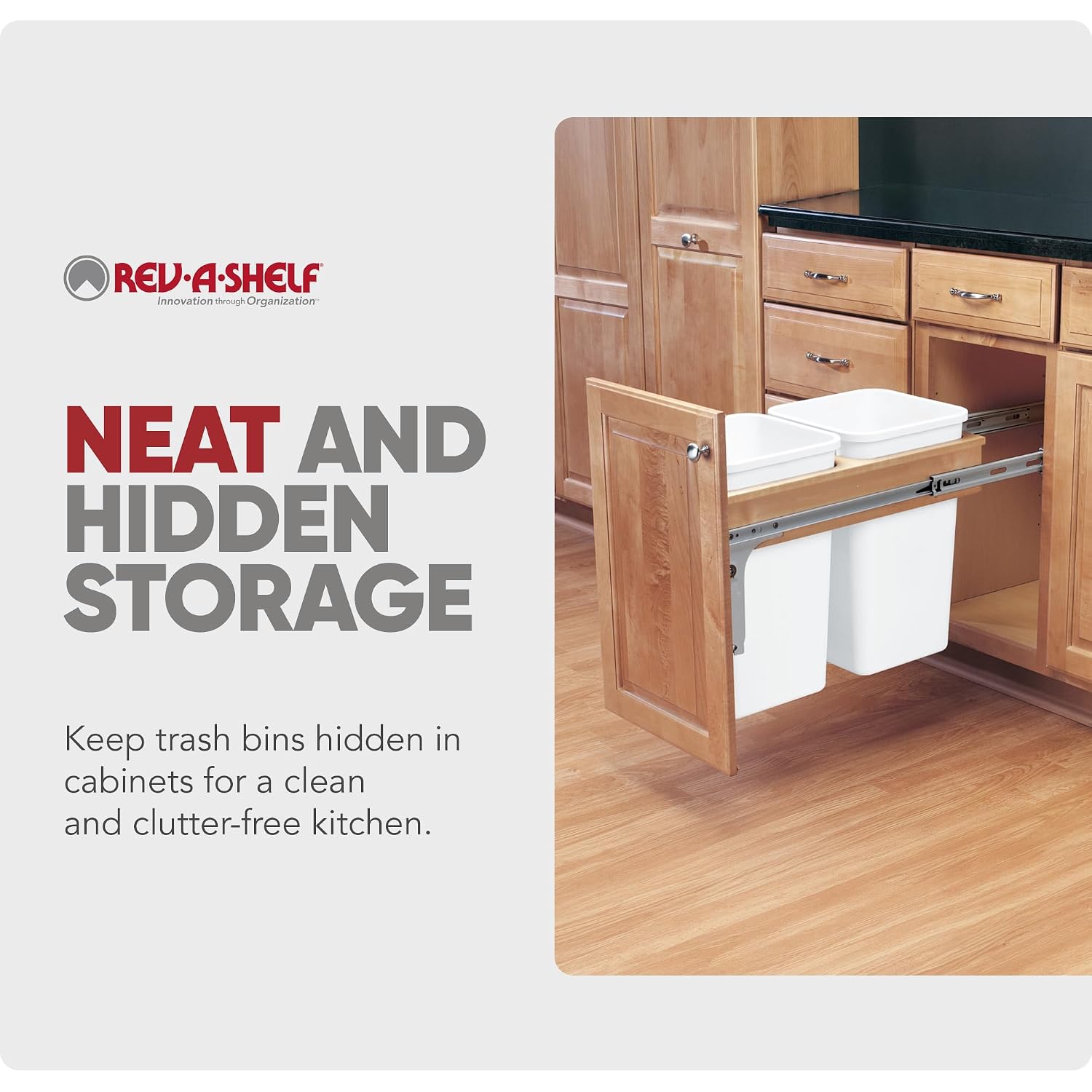 Rev-A-Shelf Top Mount Double Pullout Under Cabinet 50 Quart Kitchen Trash Cans w/Soft-Close for Full Height Cabinet, 150 Pound Rated Full-Extension Slides, 4WCTM-2150BBSCDM-2