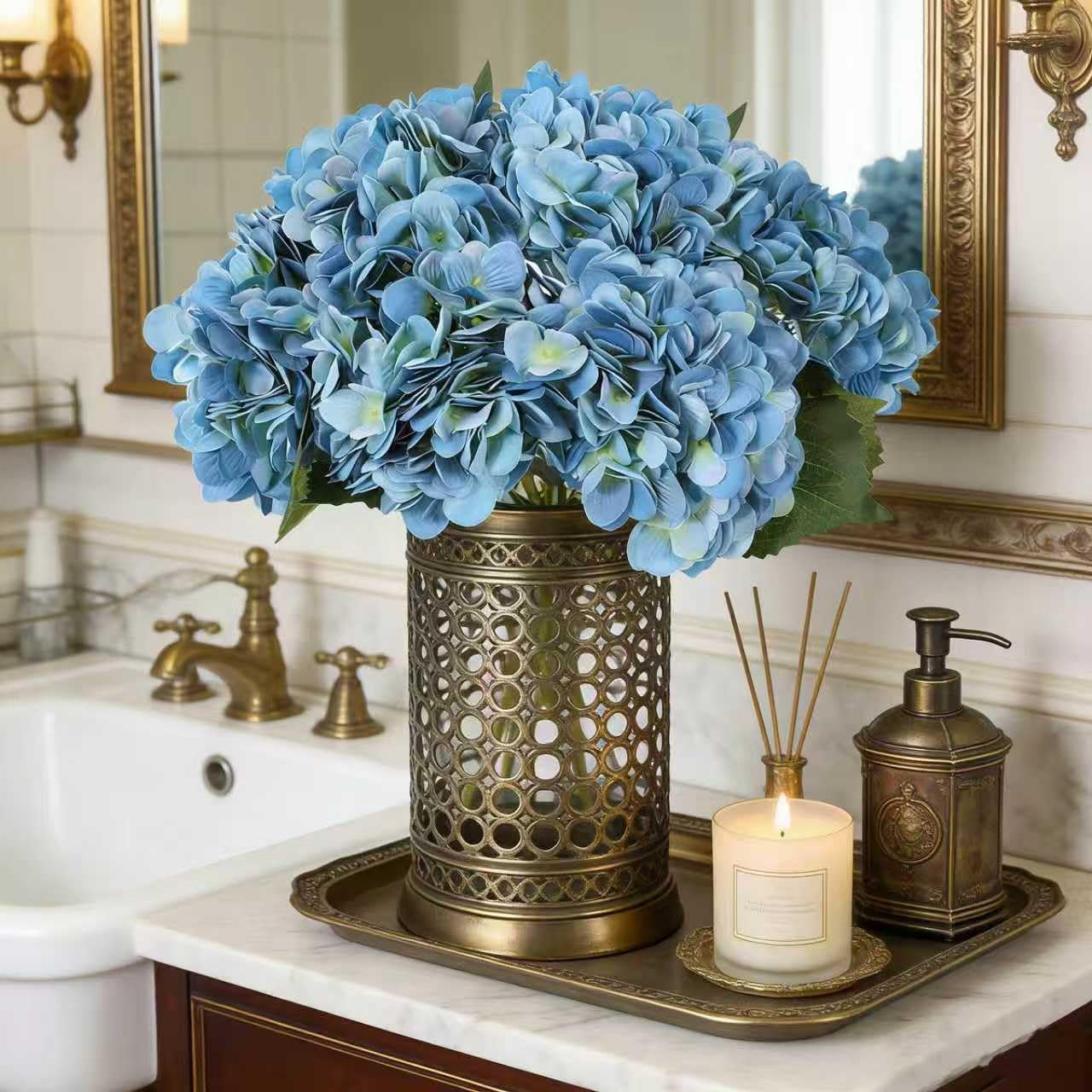 Kimura's Cabin 6pcs Silk Hydrangeas Artificial Flowers,Deep Lake Blue