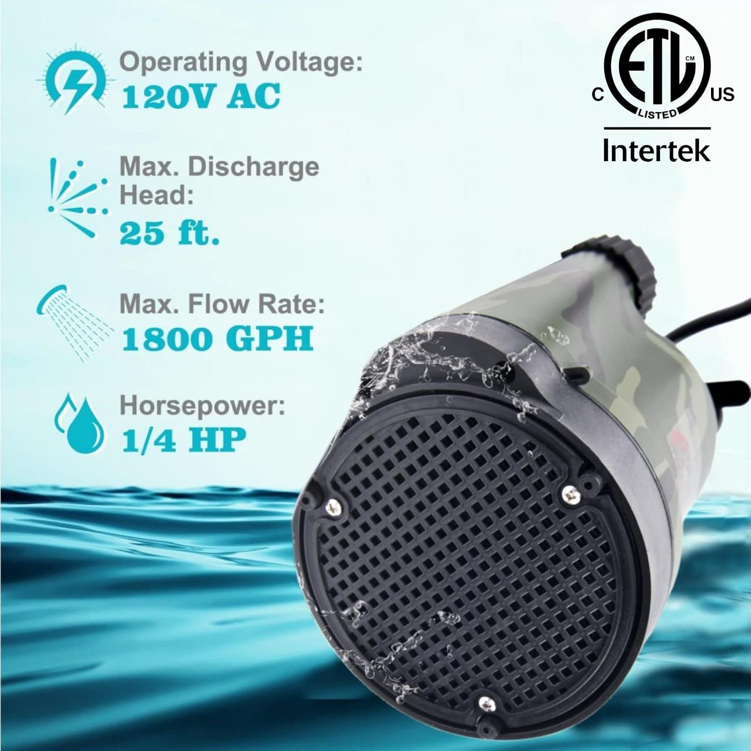 TIGEROAR 120V Submersible Pump 1/4 HP Water Transfer Pump 1800 GPH | Electric Pond Pool Pump Utility Pump with 10 ft. Cord Anticorrosive Plastic