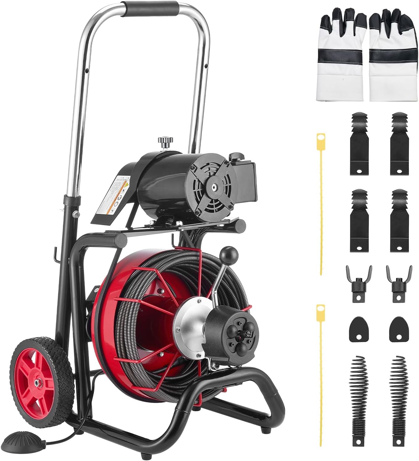 VEVOR Drain Cleaner Machine 75 FT x 3/8 Inch, Sewer Snake Auger Manual Feed with 4 Cutters & Air-activated Foot Switch for 2" to 4" Pipes