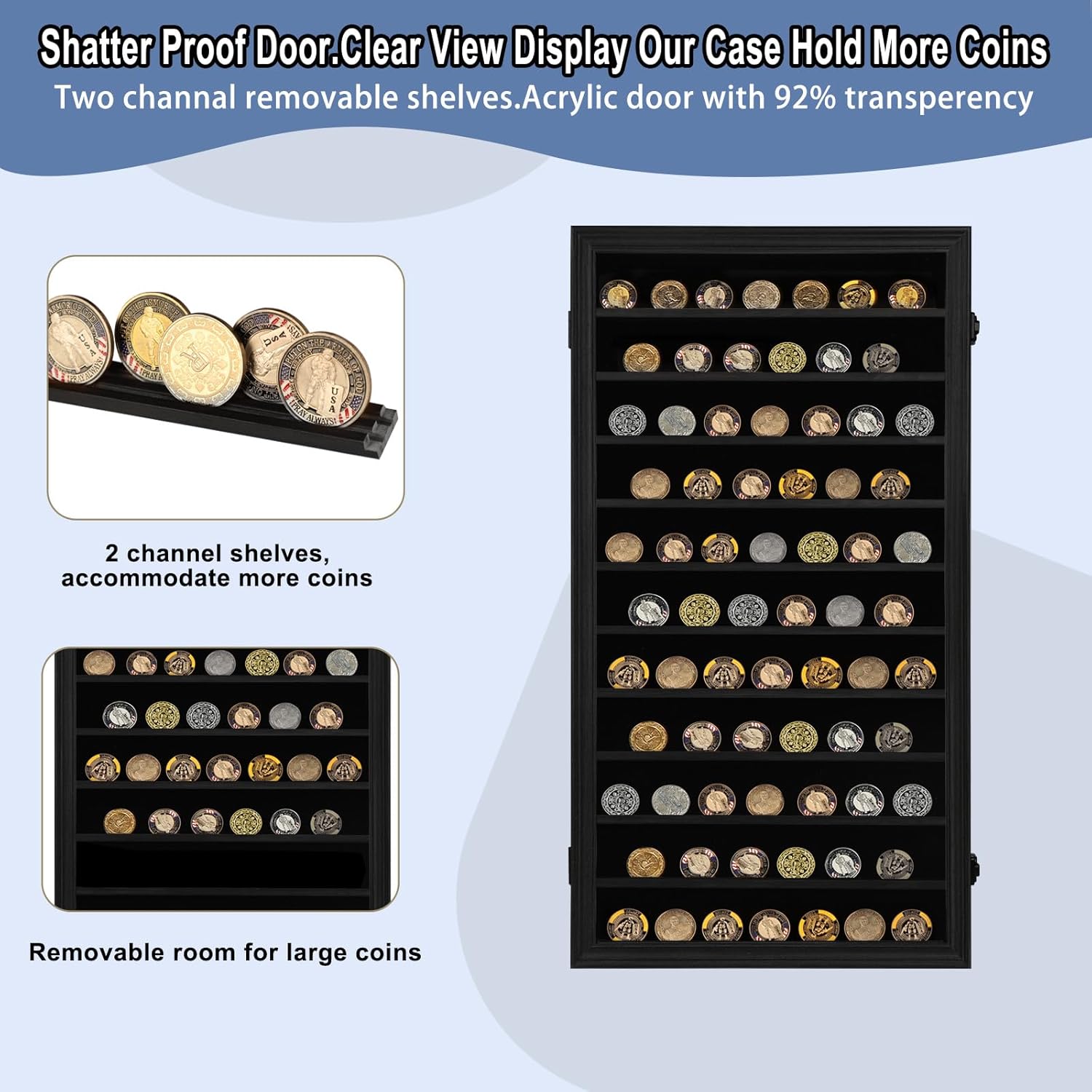 Jinchuan Military Challenge Coin Display Case Lockable Cabinet Rack Holder Shadow Box with Removable 2 Grooves Shelves and Anti Dust Door for Casino