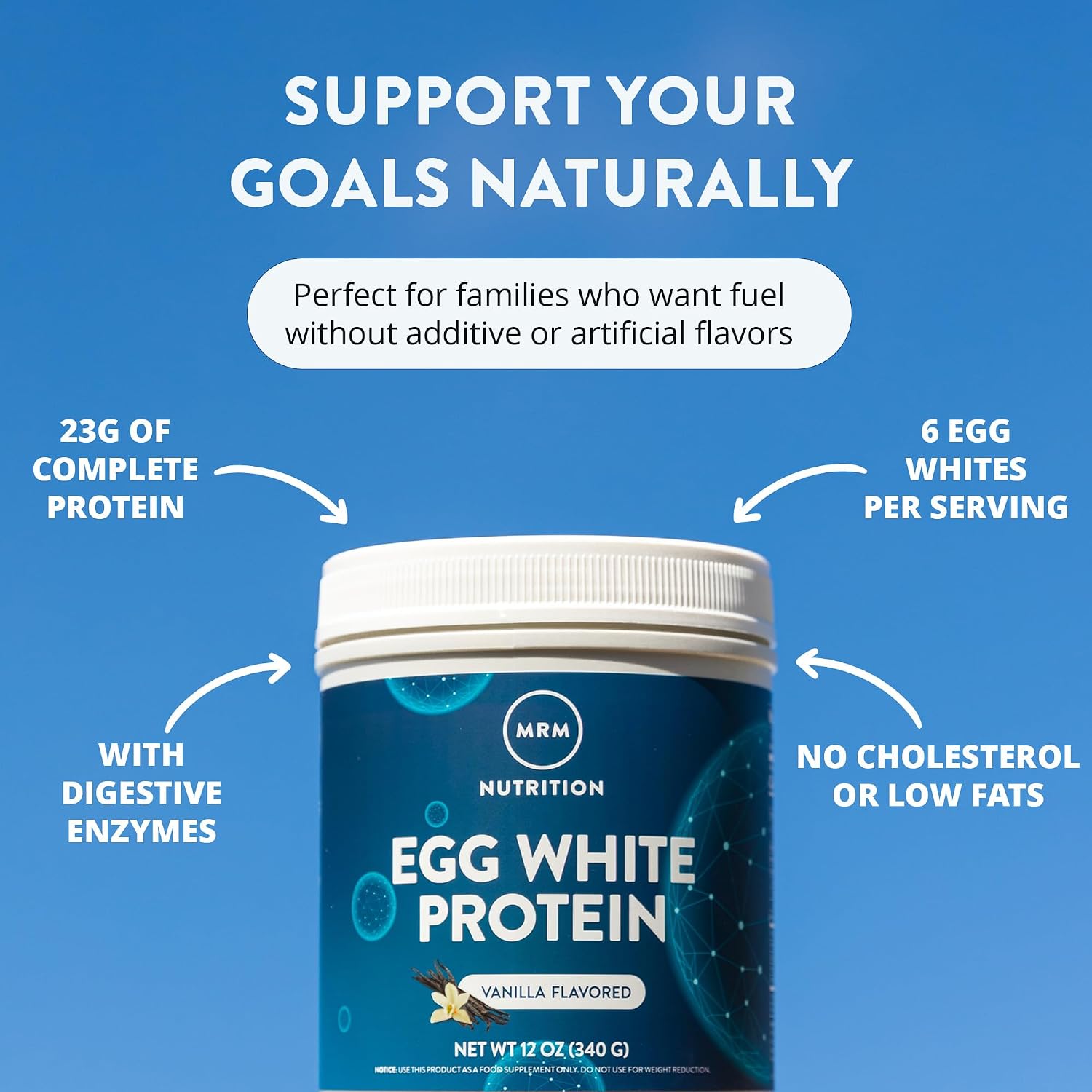 MRM Nutrition Egg White Protein - 23g Fat-Free Protein - 20 Servings | Free of Dairy & Gluten, Sugar Free Vanilla Flavored Powder, With Digestive Enzymes, and Soy, High Biological Value