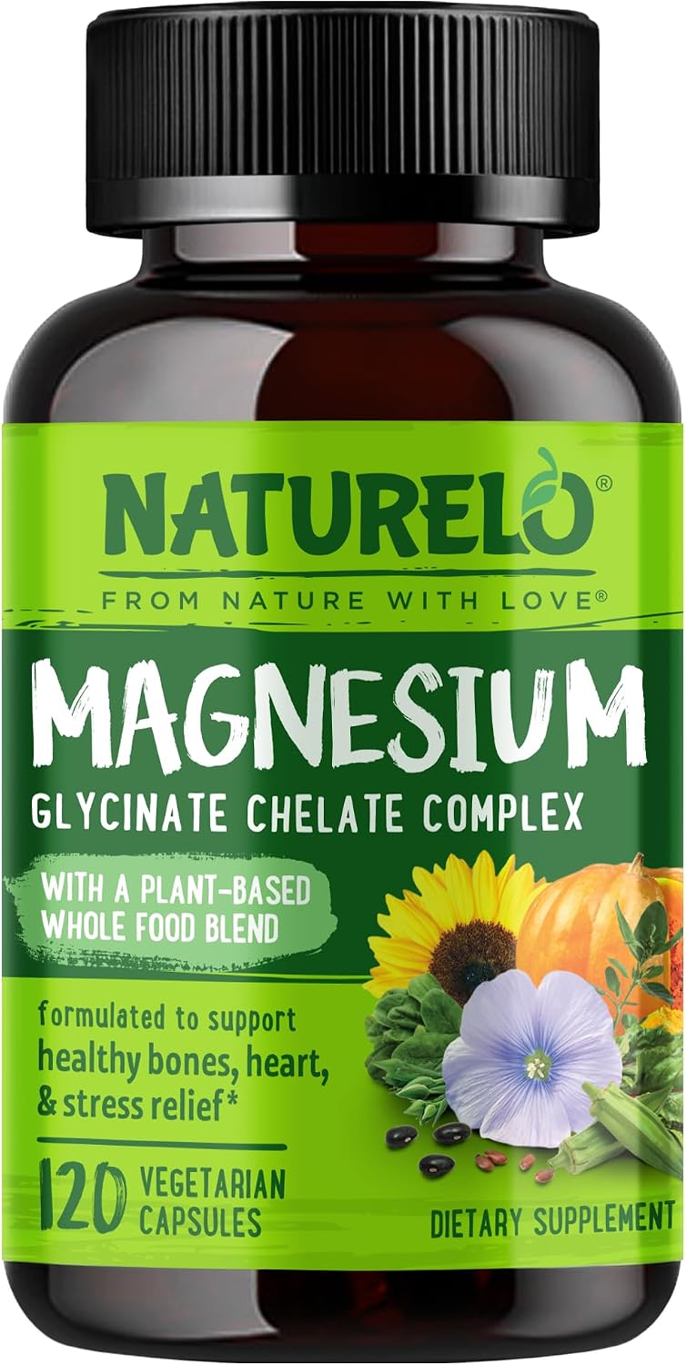 NATURELO Magnesium Glycinate Chelate Complex - 200 mg Magnesium, 120 Count | Support Sleep, Calm, Muscle Cramp & Stress Relief, Gluten Free, Non GMO, with Organic Vegetables