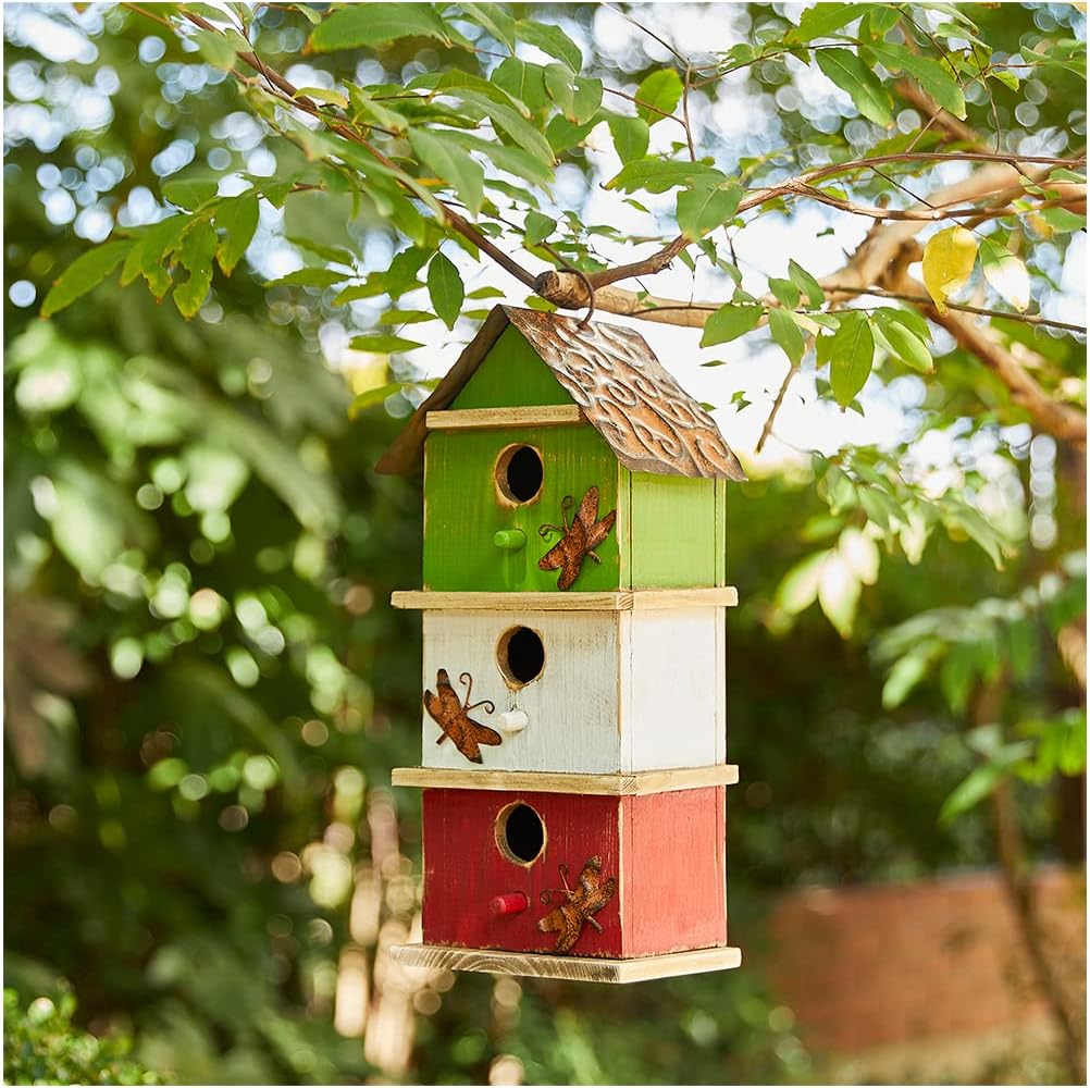 Glitzhome Bird Houses for Outside,10" H Rustic Wooden Bird House Garden Distressed Decorative Birdhouse for Outdoors, Hanging Birdhouse for Bluebird Hummingbird Wren Finch Cardinals Cedar