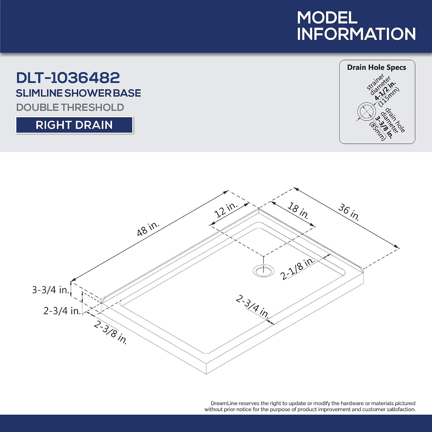 DreamLine SlimLine 34 in. D x 48 in. W x 2 3/4 in. H Right Drain Double Threshold Shower Base in White, DLT-1034482