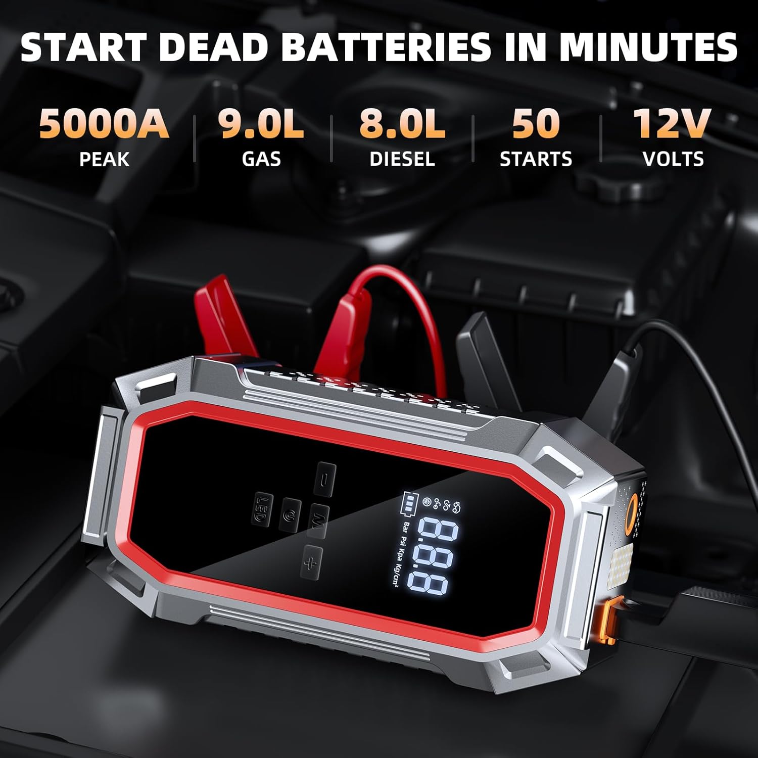 Jump Starter with Air Compressor, 5000A Peak Car Battery Jump Starter(9.0 Gas/8.0L Diesel)