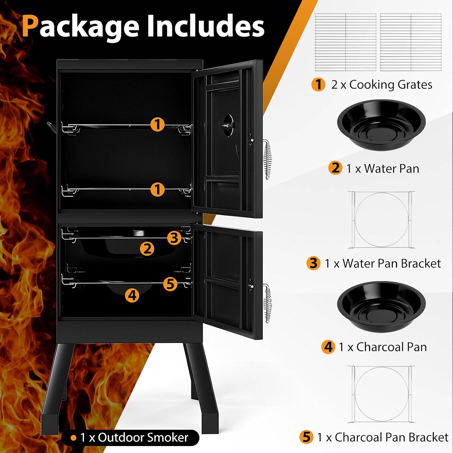 Charcoal Smoker Outdoor, Vertical BBQ Smoker with Thermostat, 2 Access Doors, 2 Cooking Grates, 2 Removable Pans & 4 Air Vents