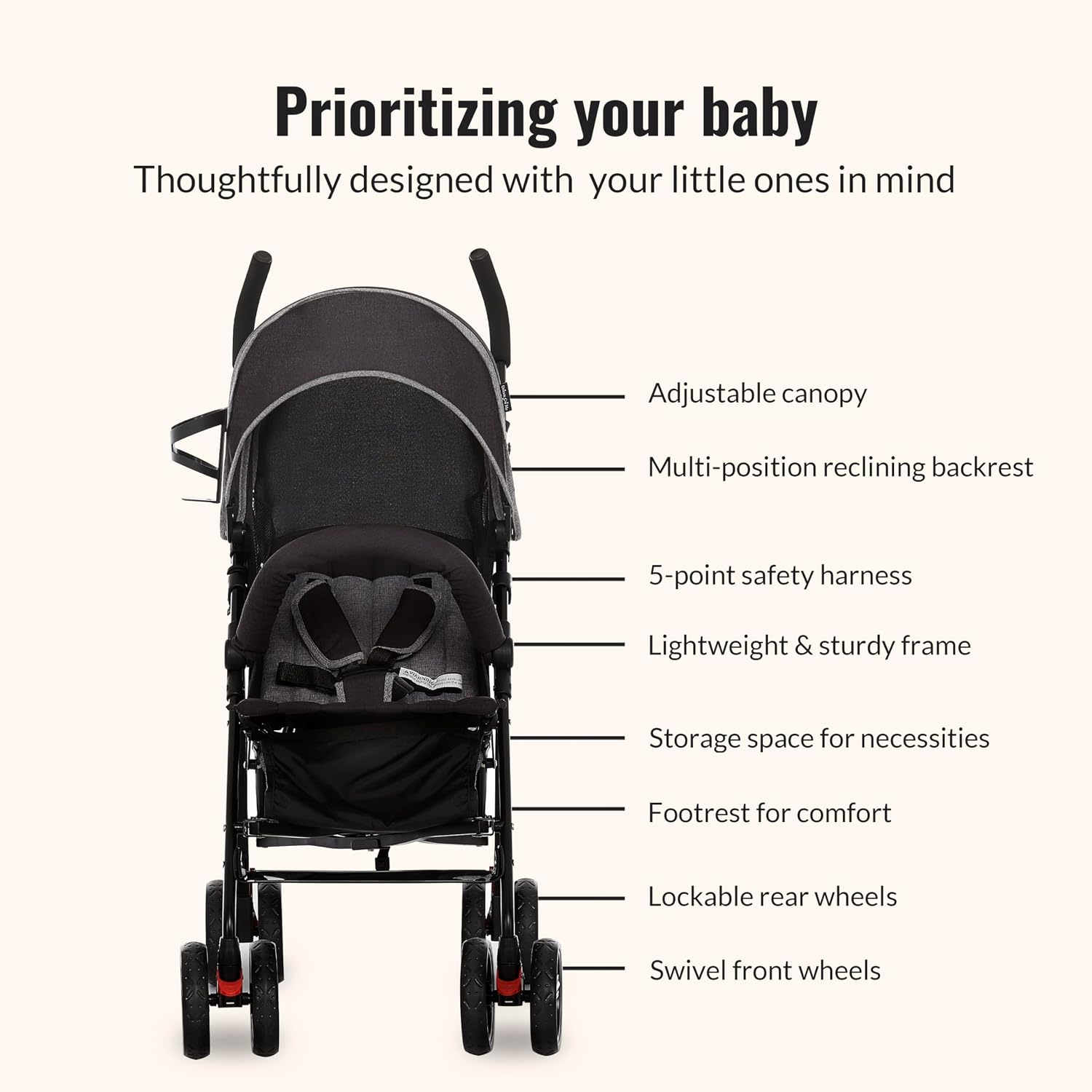 Dream On Me Vista Moonwalk Baby Stroller in Light Gray, Lightweight Infant Stroller with Compact Fold