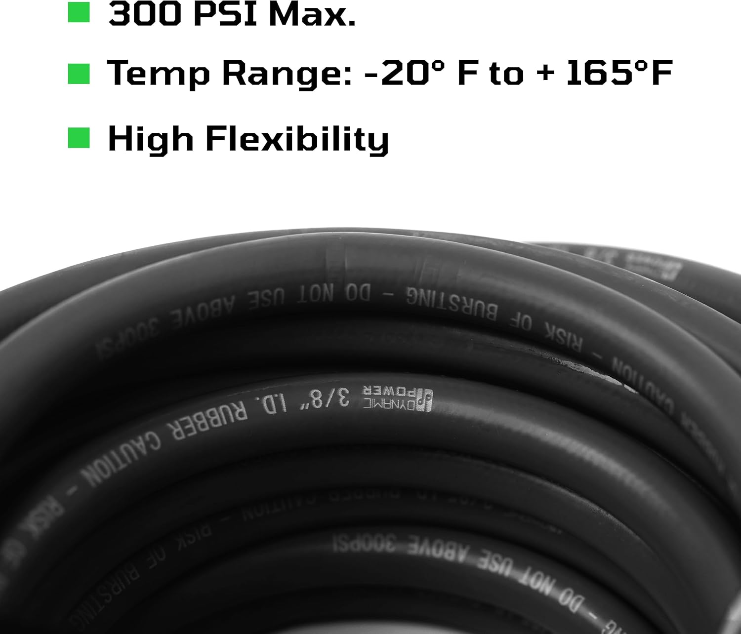 DYNAMIC POWER Premium Black Rubber Air Hose 3/8" x 50' 300 PSI Assembly with 1/4" Male Pipe Thread Fittings & Bend Restictors.