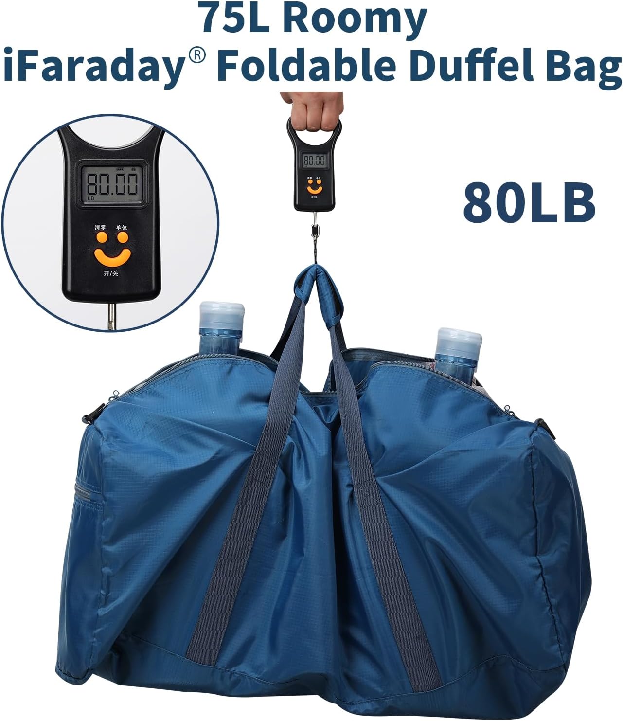 iFARADAY Foldable Duffel Bag Lightweight, 30 inch / 75L, Royal Blue