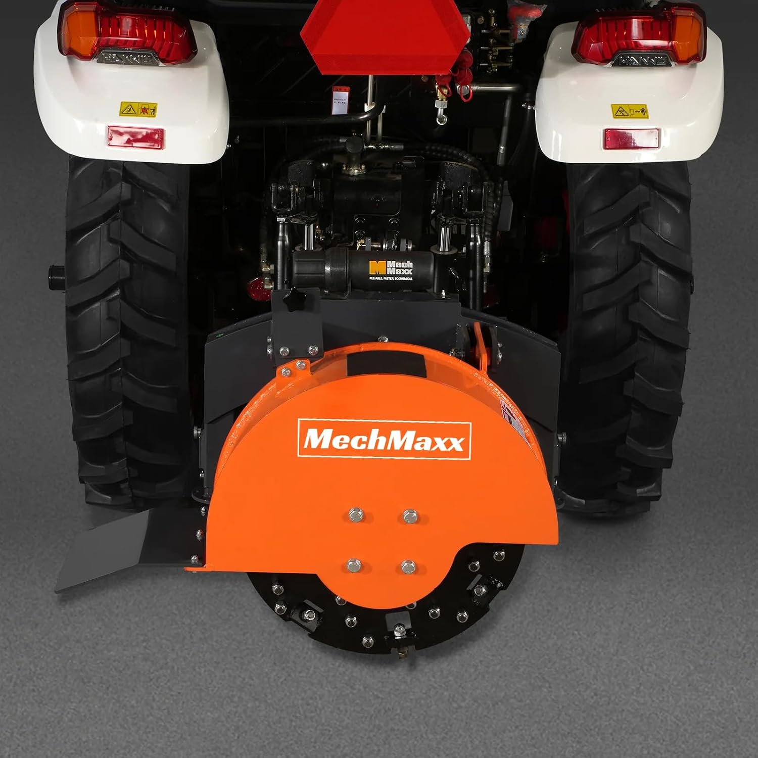 MechMaxx Heavy Duty 3-Point PTO Powered Stump Root Grinder For 15-45HP Tractors With 34 Carbide Teeth, 6'' Cutting Depth, 24'' Flywheel Diameter, Model SG24 Orange