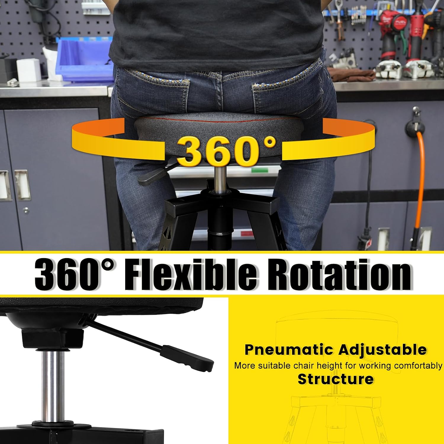 Adjustable Shop Stool,Garage Mechanic Stool Chair,Work Seat for Workshop, Adjustable Height, 360° Swivel Padded Square Seat,Tool Storage, 350 LBS Capacity, Heavy Duty, Blue
