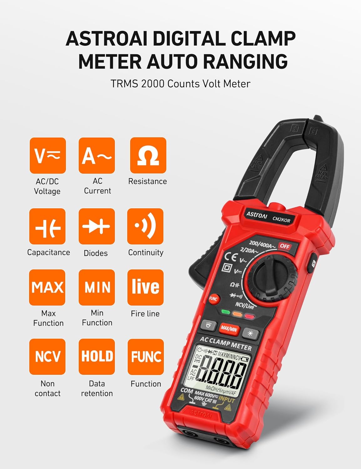 AstroAI Digital Clamp Meter Multimeter 2000 Counts Amp Voltage Tester Auto-ranging with AC/DC Voltage, AC Current, Resistance, Capacitance, Continuity